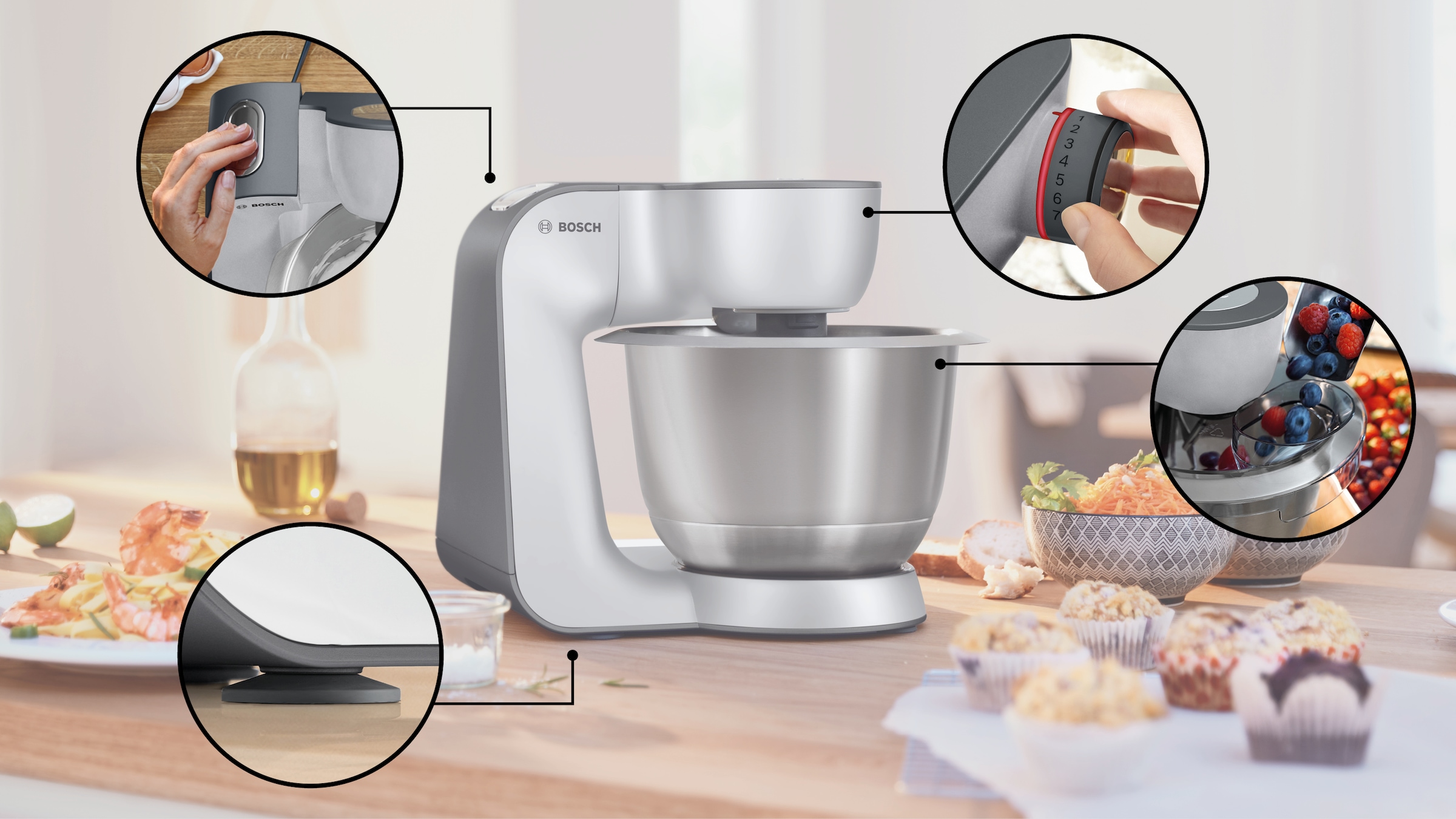 BOSCH Küchenmaschine »MUM5935B Durchlaufschnitzler, 3 Scheiben, Mixer, silber«, Fleischwolf, Kekspresse, Zitruspresse, 3 Rühr-/Knethaken, spülm.fest