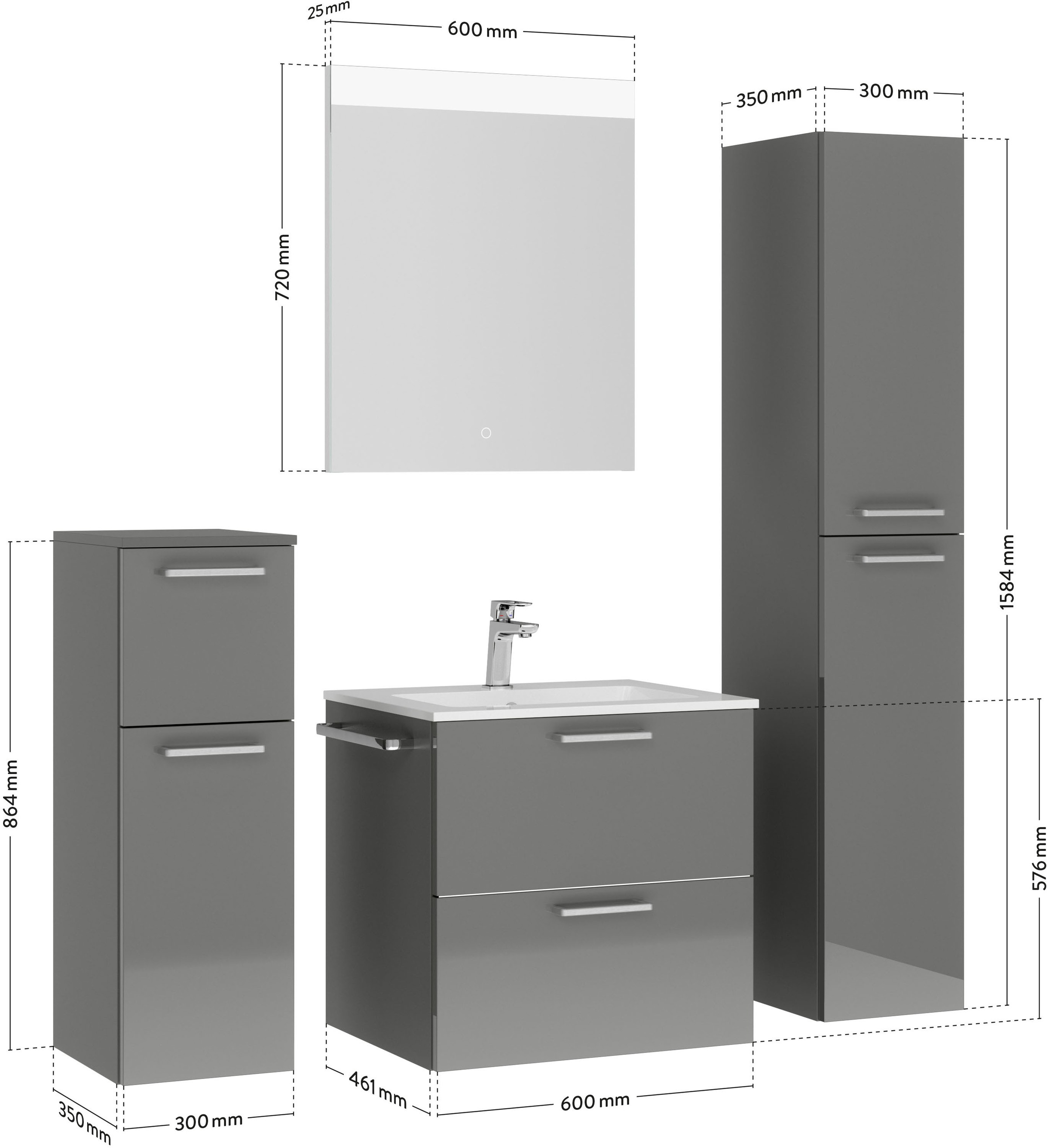 nobilia® Badmöbel-Set »Tolvina«, (4 St., vormontiert, mit Soft-Close), Hochglanz, inkl. Spiegel mit Touch-Sensor, in vier Breiten