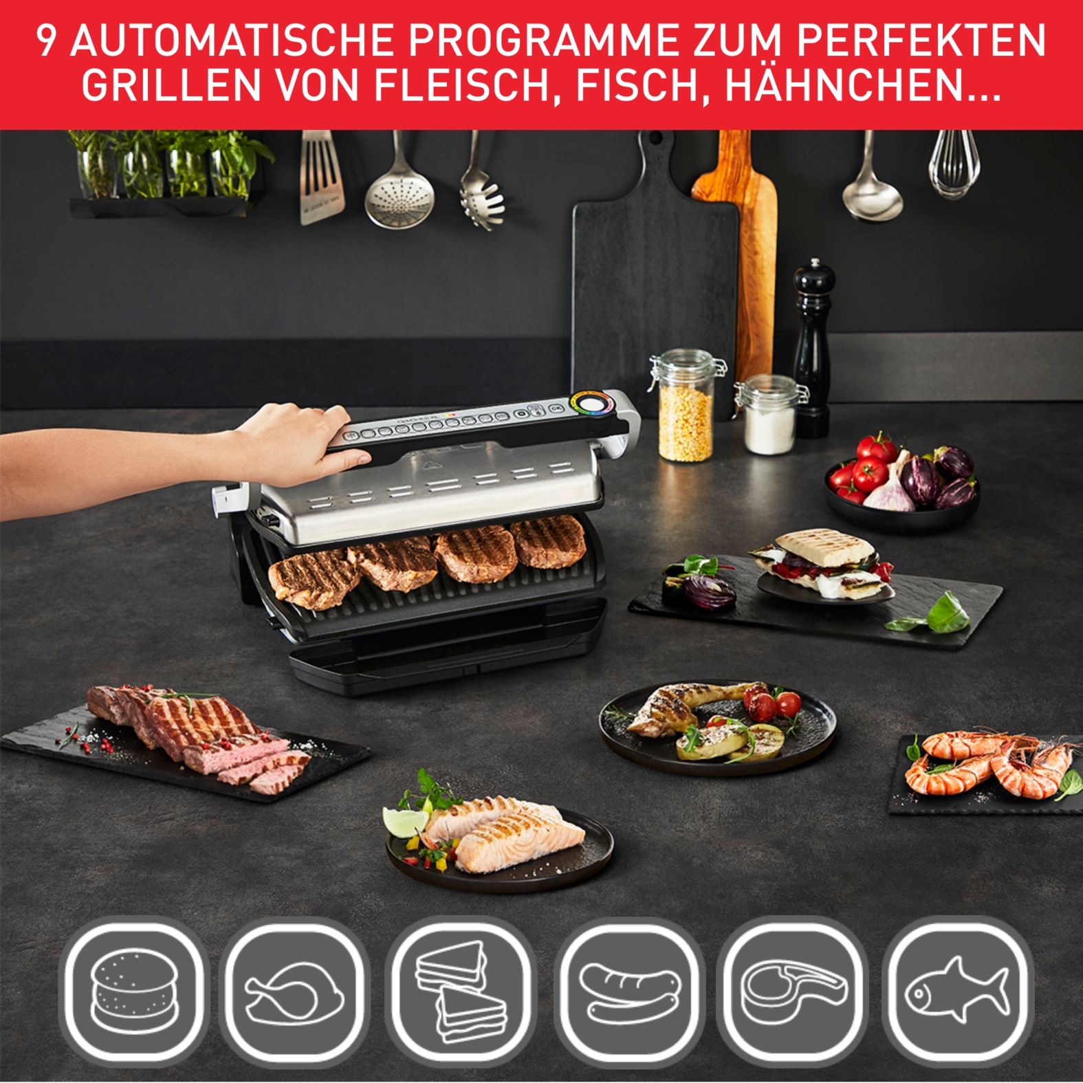 Tefal Kontaktgrill »OptiGrill+ XL inkl. Backschale, manueller Modus mit 4 Temperaturen«, 2000 W, 9 automatische Kochprogramme, spülmaschinengeeignete Platten, GC724D