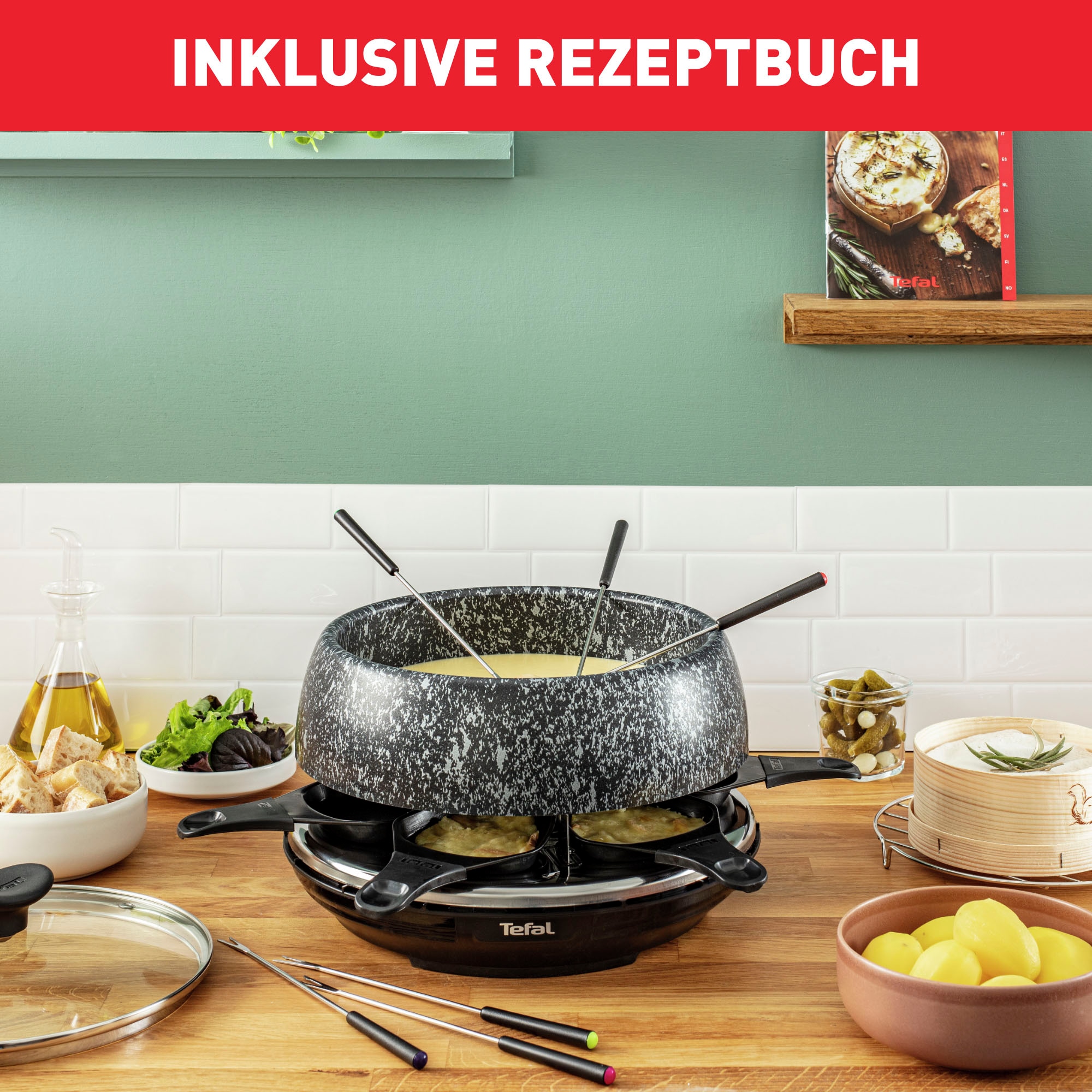 Tefal Raclette und Fondue-Set »Cheese 'n Co, 6 Raclettepfännchen, 850 W, für 6 Personen,« 6 Stk. Raclettepfännchen 850 W spülmaschinengeeignet, mit Rezeptbuch, Stein-Optik, RE12C8