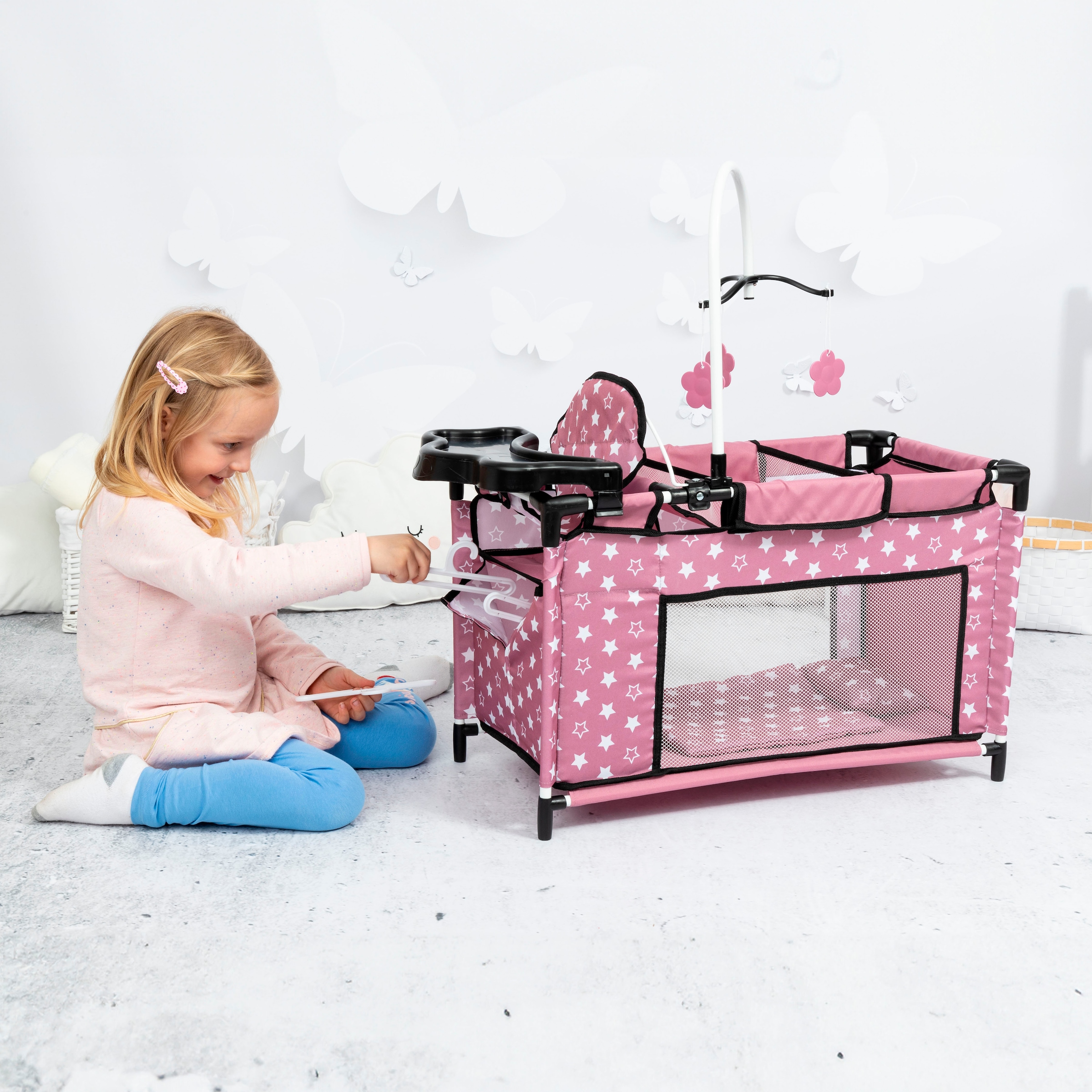 Bayer Puppenbett »Puppenmultibett, altrosa«, Mit integriertem Hochstuhl, Wickelablage und Mobile