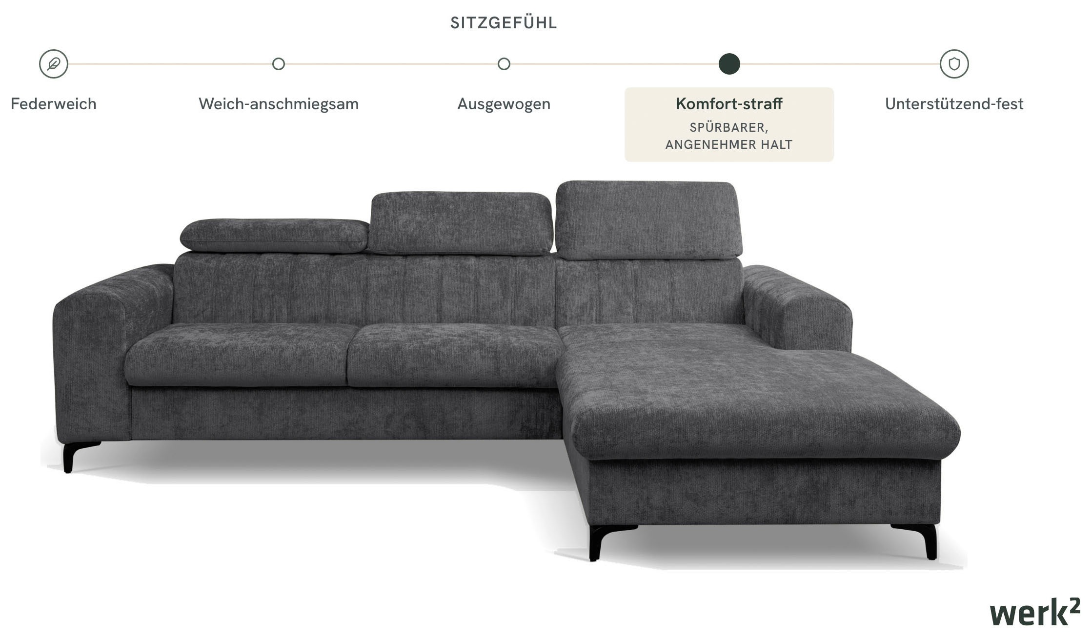 WERK2 Ecksofa »Foster L-Form mit Schlaffunktion und Bettkasten, 264 cm breit« 3 verstellbare Kopfstützen & Pfeifensteppung im Retro-Look