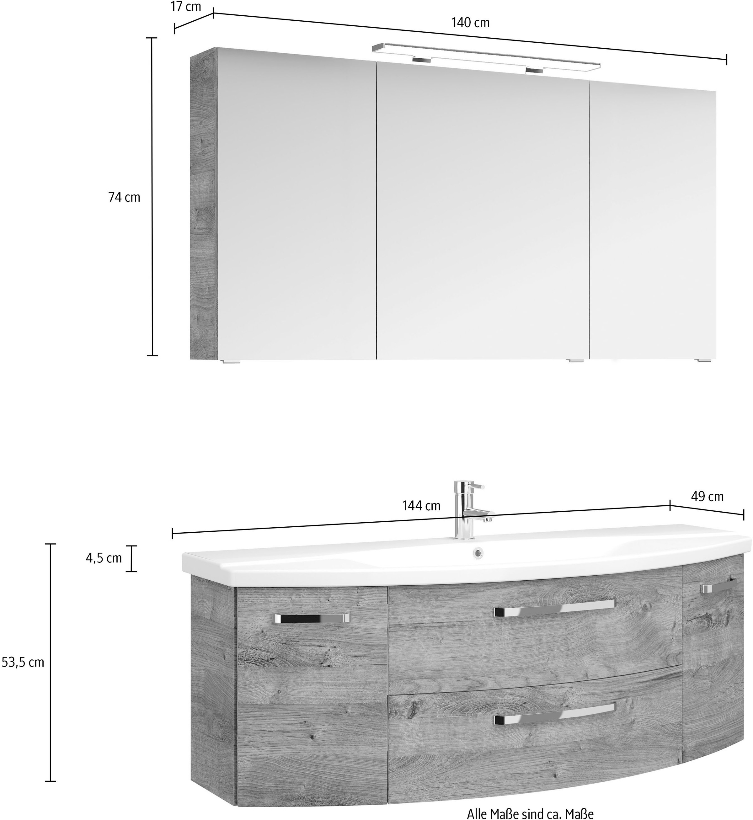 Saphir Badmöbel-Set »Serie 4010 2-teilig Keramik-Waschtisch mit LED-Spiegelschrank«, (Set), Badezimmer Set 144 cm breit, inkl. Türdämpfer, 5 Türen, 2 Schubladen