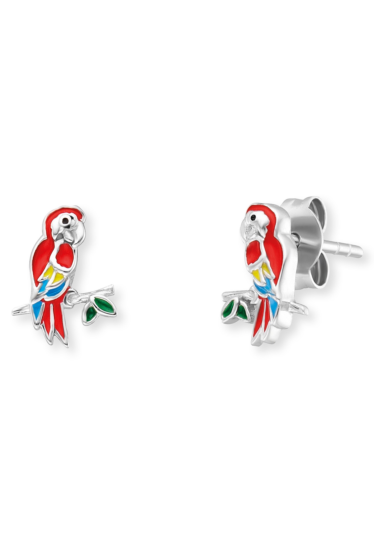 Paar Ohrstecker „Papagei, HEE-PARROT“, mit Emaille silberfarben-mehrfarbig