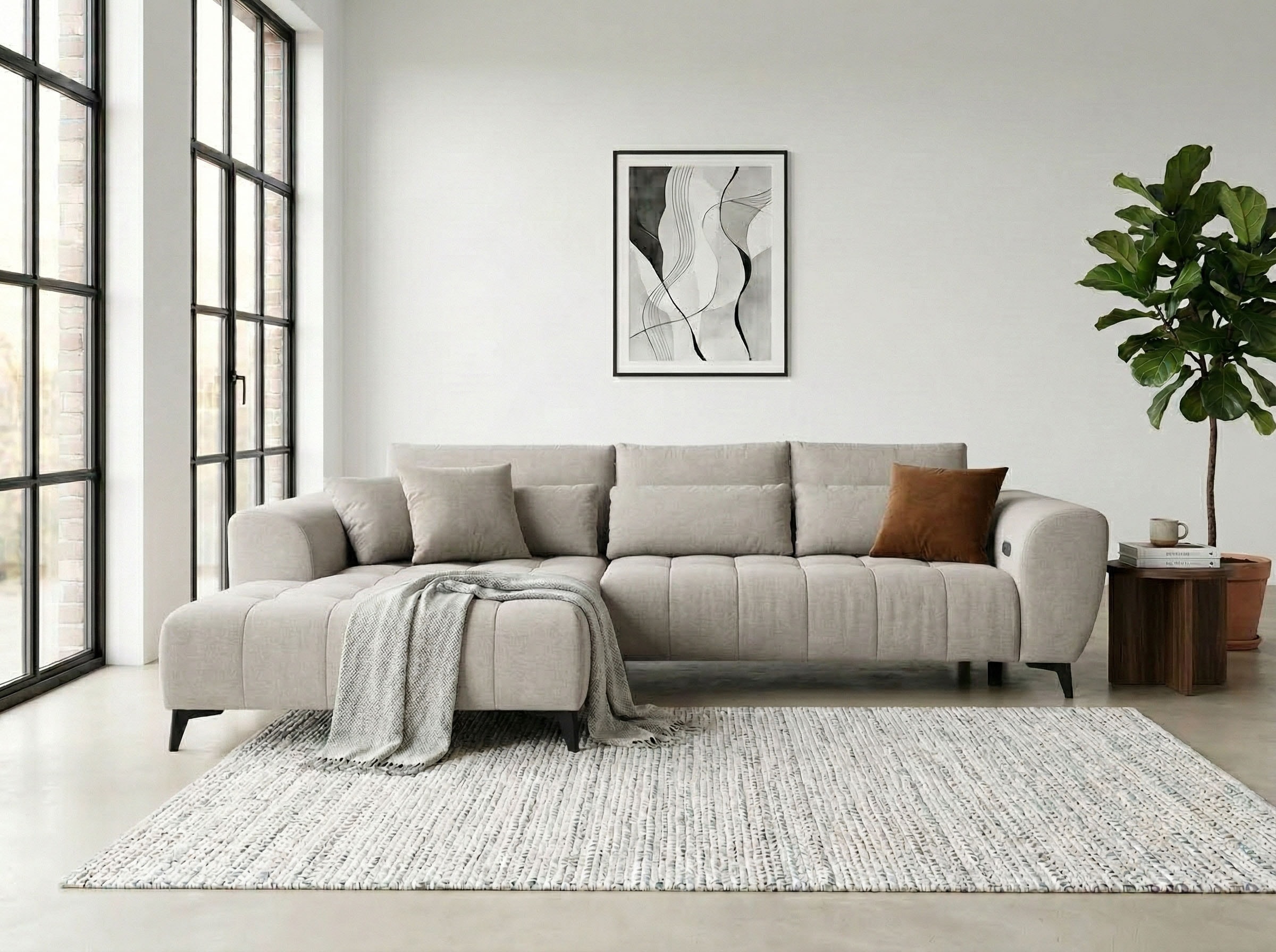 WERK2 Ecksofa »Garay, XXL-Liegefläche: elektrisch ausziehbar auf ca. 228×126 cm« Luxus in Übergröße: XXL-Liegefläche, Komfort-Ottomane & stilvolle Füße