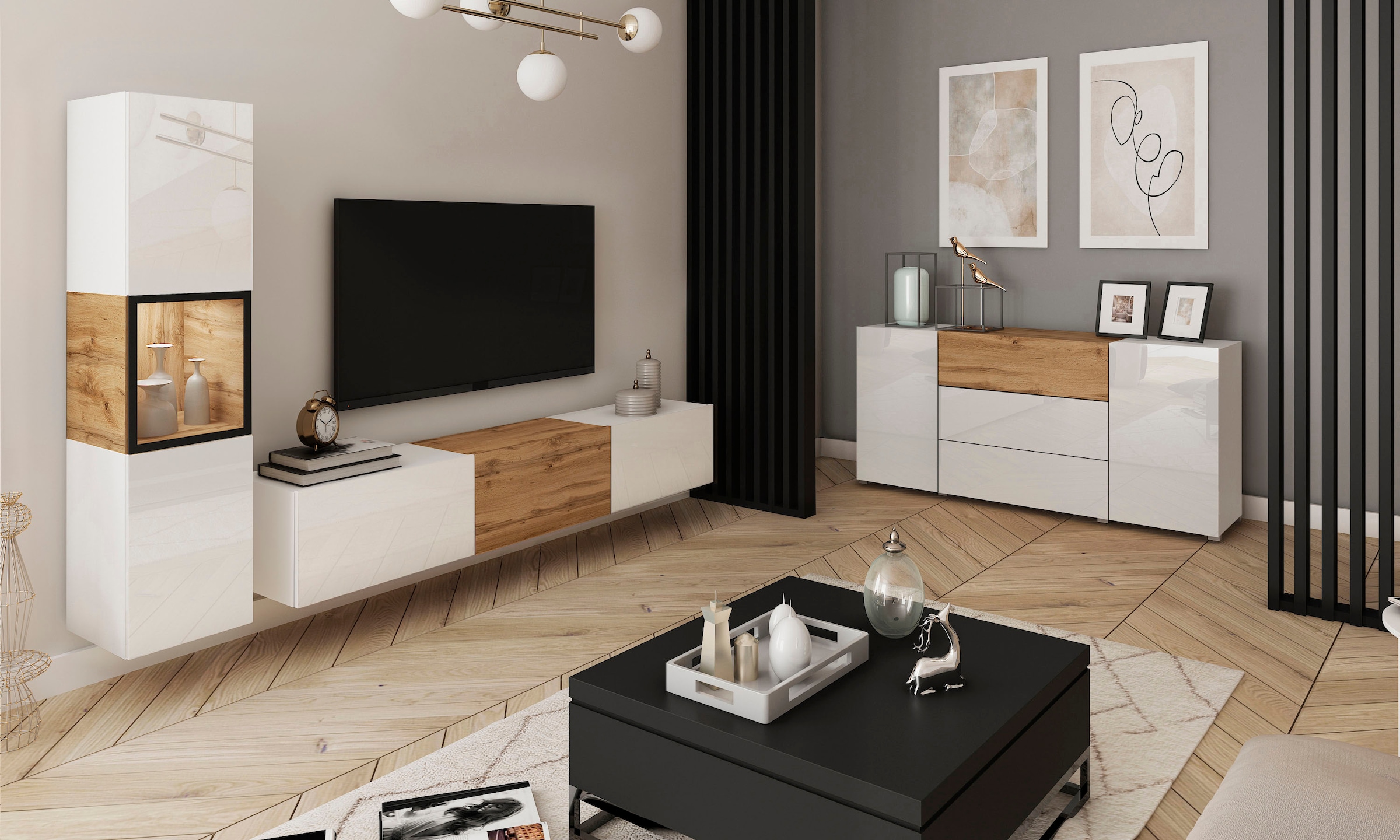 INOSIGN Wohnwand »BERLIN I, Vitrine Türschlag links/rechts wechselbar«, (Komplett-Set, 2 St.), moderne grifflose Mediawand Breite 220 cm, Vitrine mit Verglasung