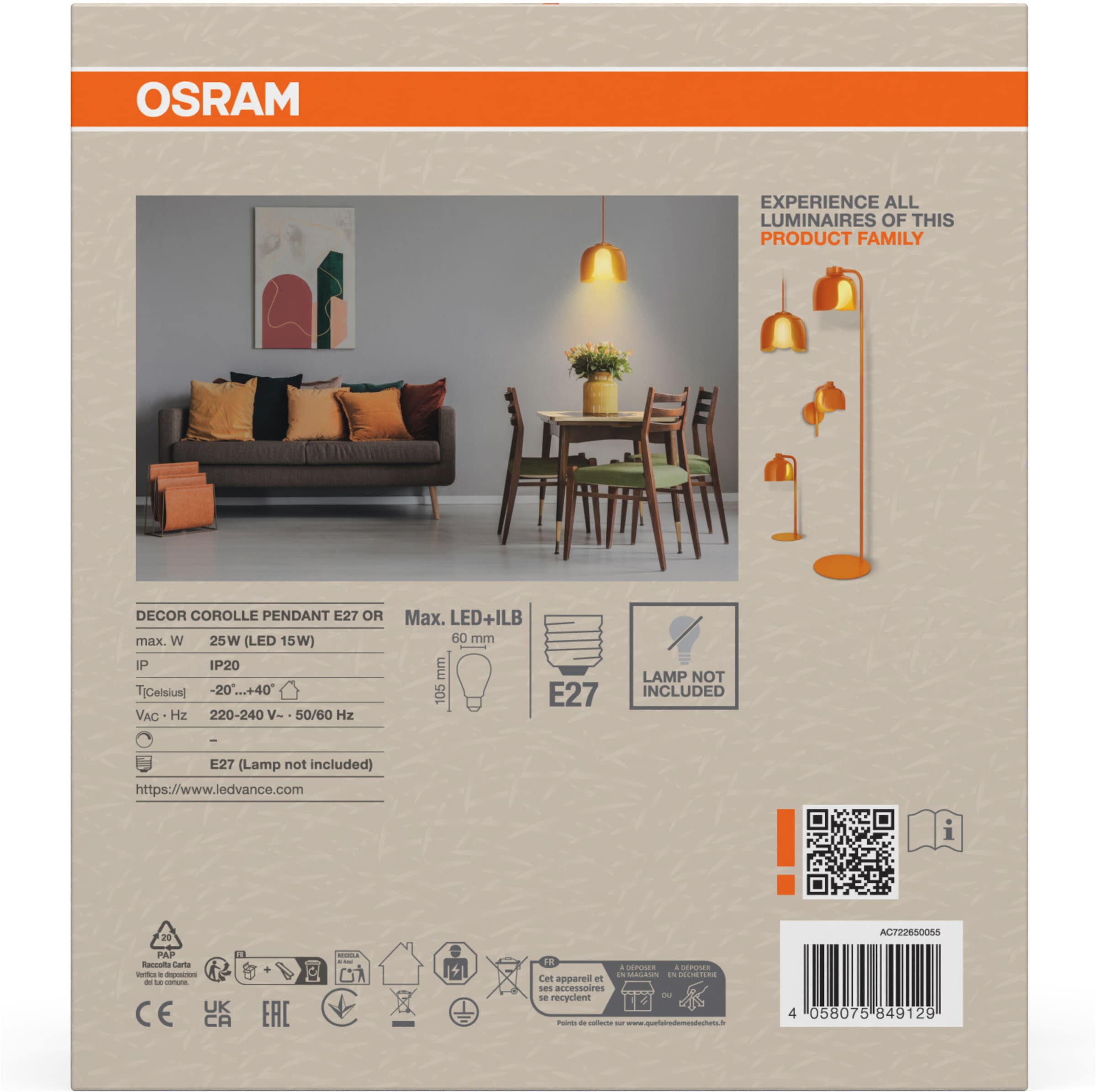 Osram Pendelleuchte »Decor Corolle« E27 1 Stk. Fassung E27, Stahl und Glas