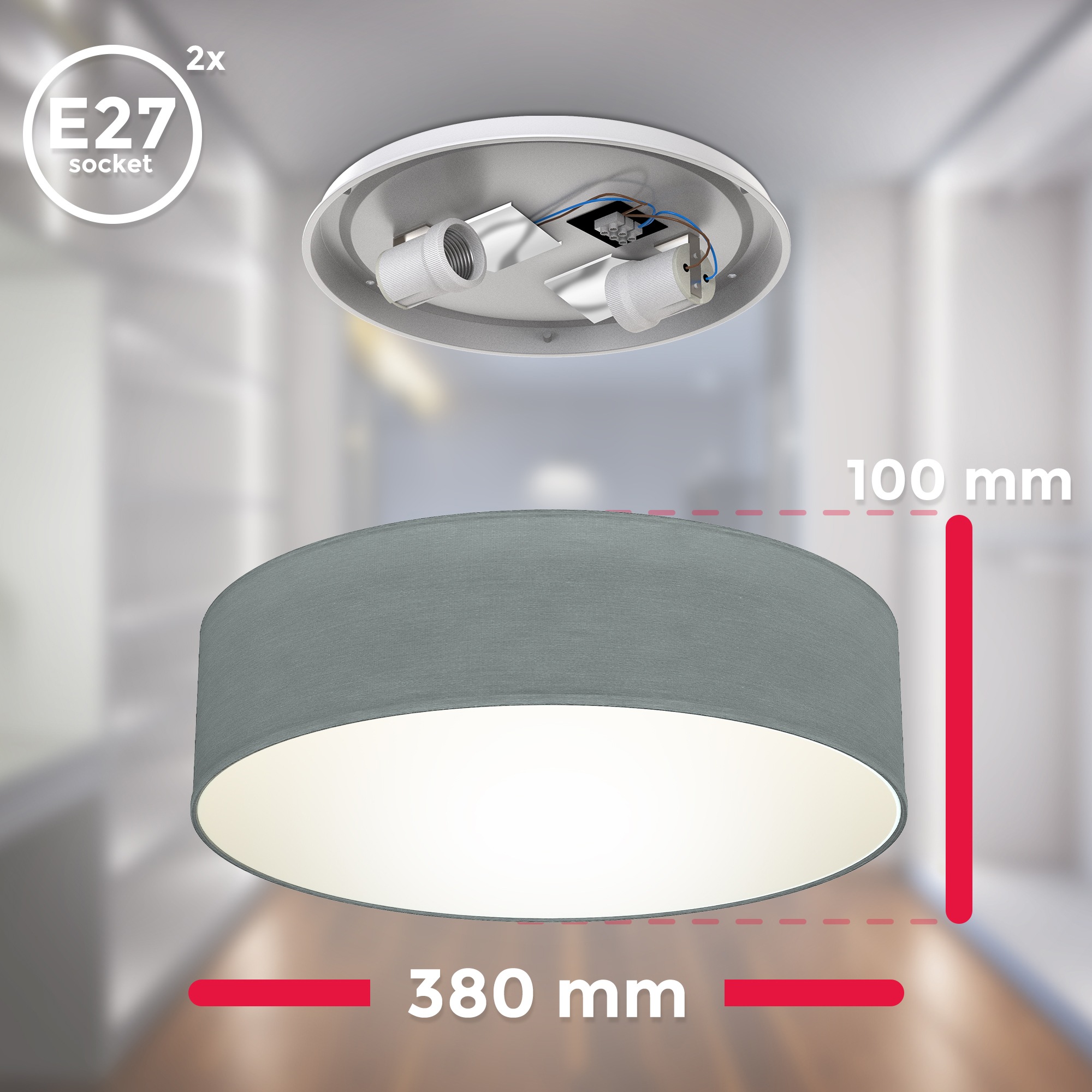 B.K.Licht LED Deckenleuchte, 2 flammig, Leuchtmittel E27 | ohne Leuchtmittel, Deckenlampe, Textil Lampenschirm, E27, Schlafzimmer, Wohnzimmer