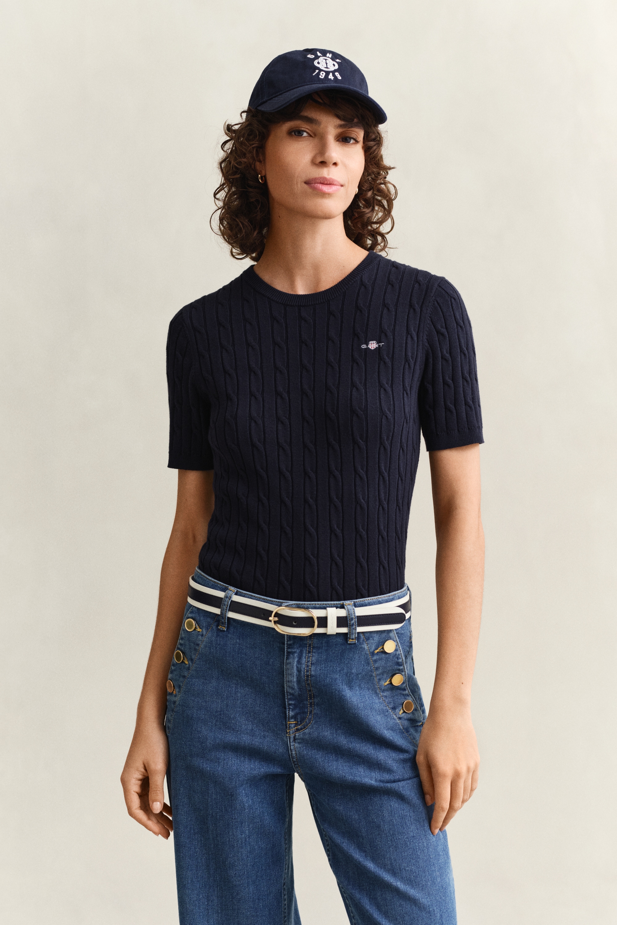 Gant Kurzarmpullover »STRETCH COTTON CABLE« Slim fit mit Rundhalsausschnitt