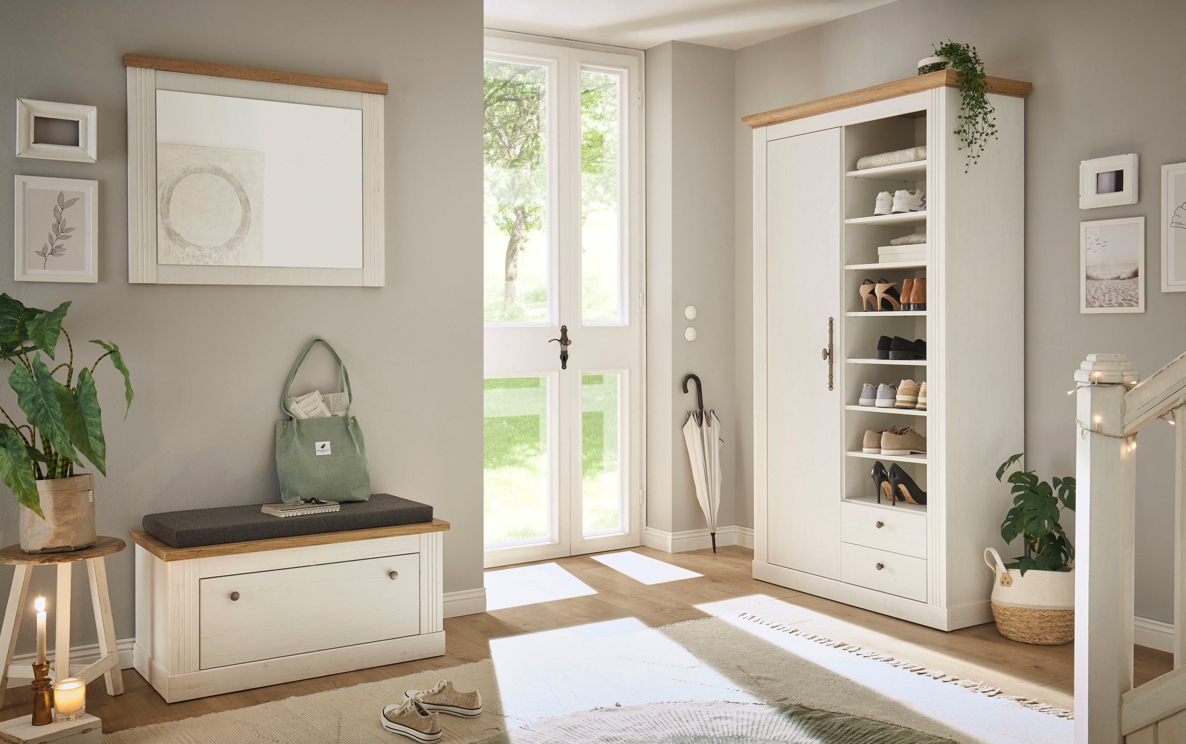 Home affaire Garderoben-Set »WESTMINSTER BESTSELLER!«, (3 St., Schuhbank, Spiegel, Garderobenschrank), im romantischen Landhausstil