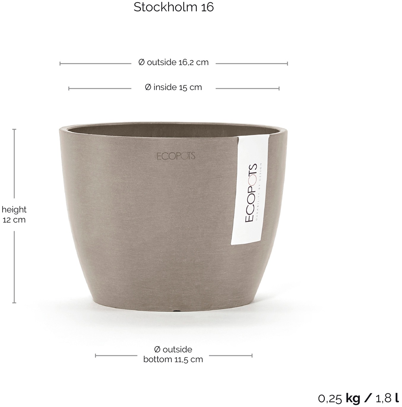 ECOPOTS Blumentopf »Stockholm Mini 16 Taupe«, für innen und außen: frostsicher, bruchsicher und lichtbeständig