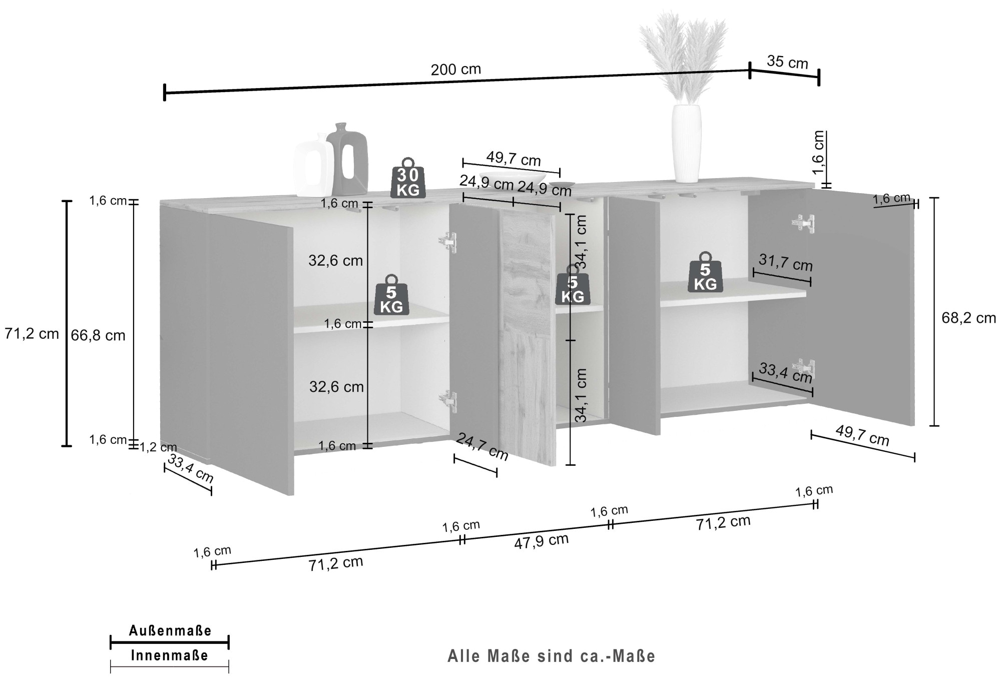 INOSIGN Sideboard »Sideboard ISEO, Kommode, Schrank, Kredenz« 1 Stk. tlg. stehend/hängend, 5 Türen HG lackiert, 6 Fächer, B 200 cm