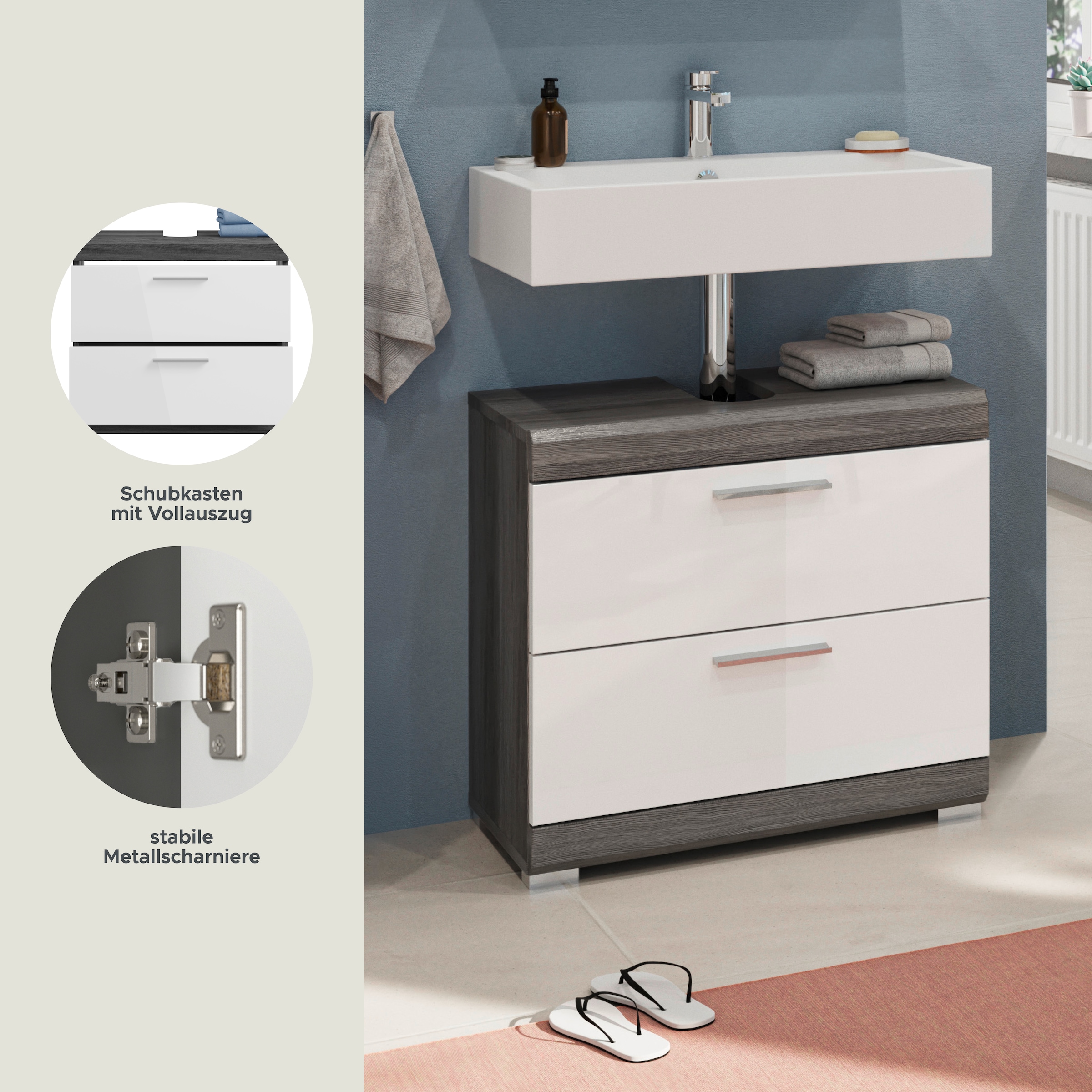 INOSIGN Waschbeckenunterschrank »Siena, Breite 60cm, 2 Tür, 2 Fächer, mit Siphonausschnitt, MDF-Front«, (1 St.), in verschiedenen Farben erhältlich, Badmöbel, Badschrank, Kommode, Bad
