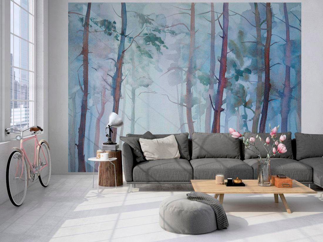living walls Fototapete »Aquarellwald Vlies«, Fototapete Wald Aquarell Bunt 3,50 m x 2,55 m Tapete