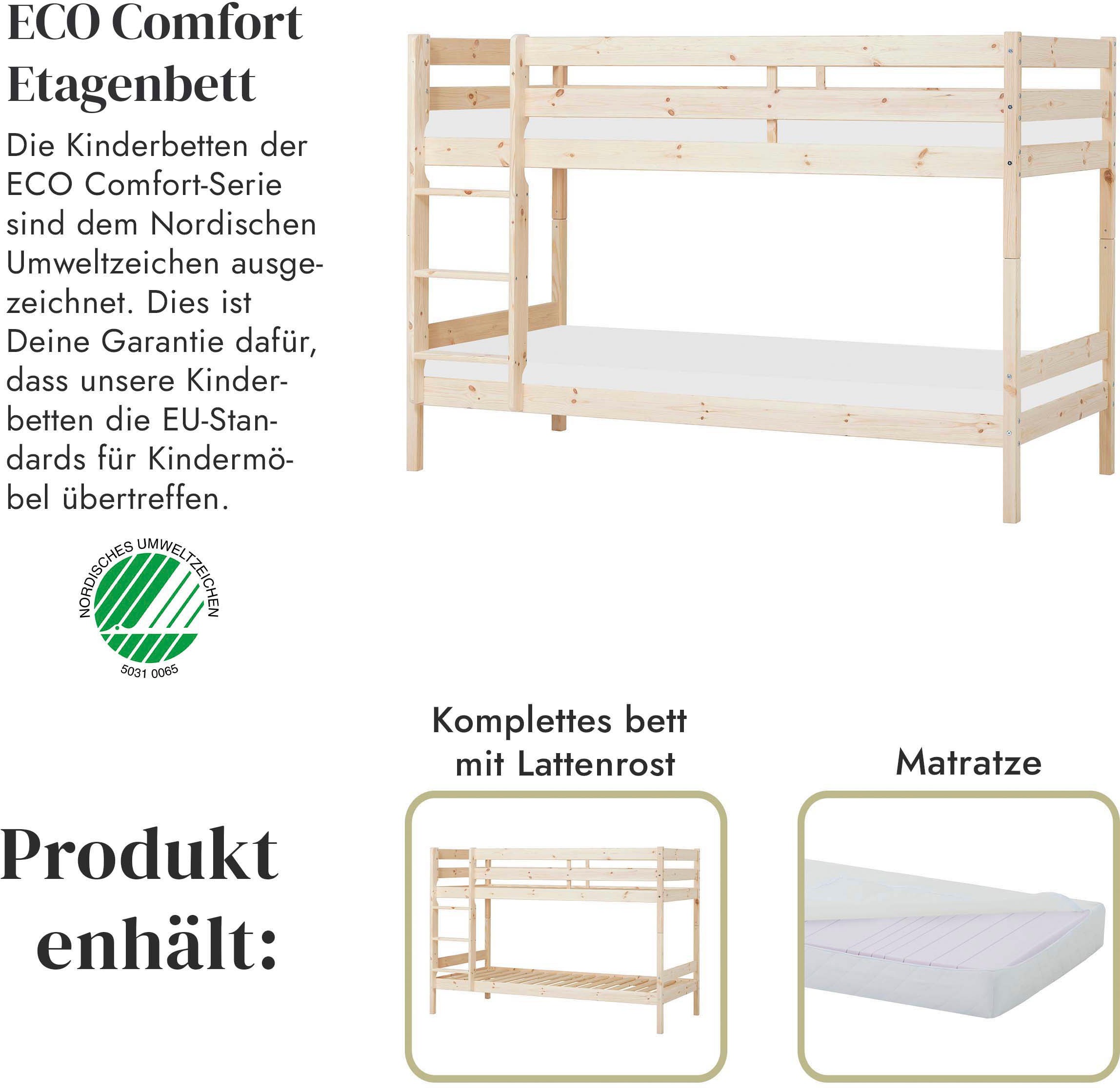 Hoppekids Etagenbett »ECO Comfort Kinderbett 90x200 oder 70x160 aus Massivholz in 4 Farben«, TÜV, FSC und Nordisches Umweltzeichen – wahlweise mit Matratzen