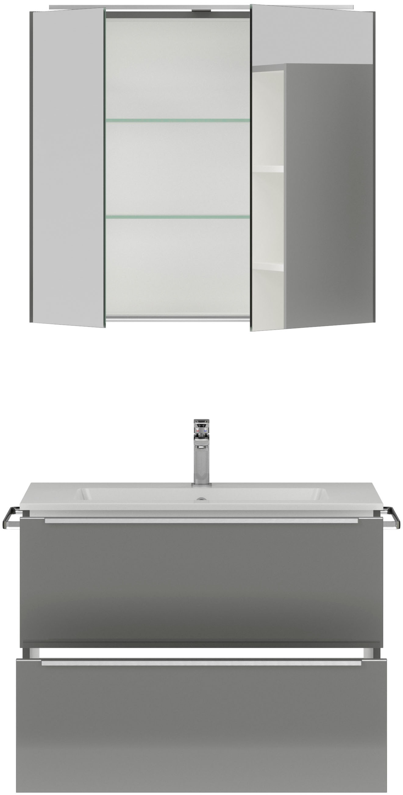 nobilia® Badmöbel-Set »Levere«, (2 St., vormontiert, mit Soft-Close), inkl. Spiegelschrank mit Beleuchtung und Dimmerfunktion, in 4 Breiten