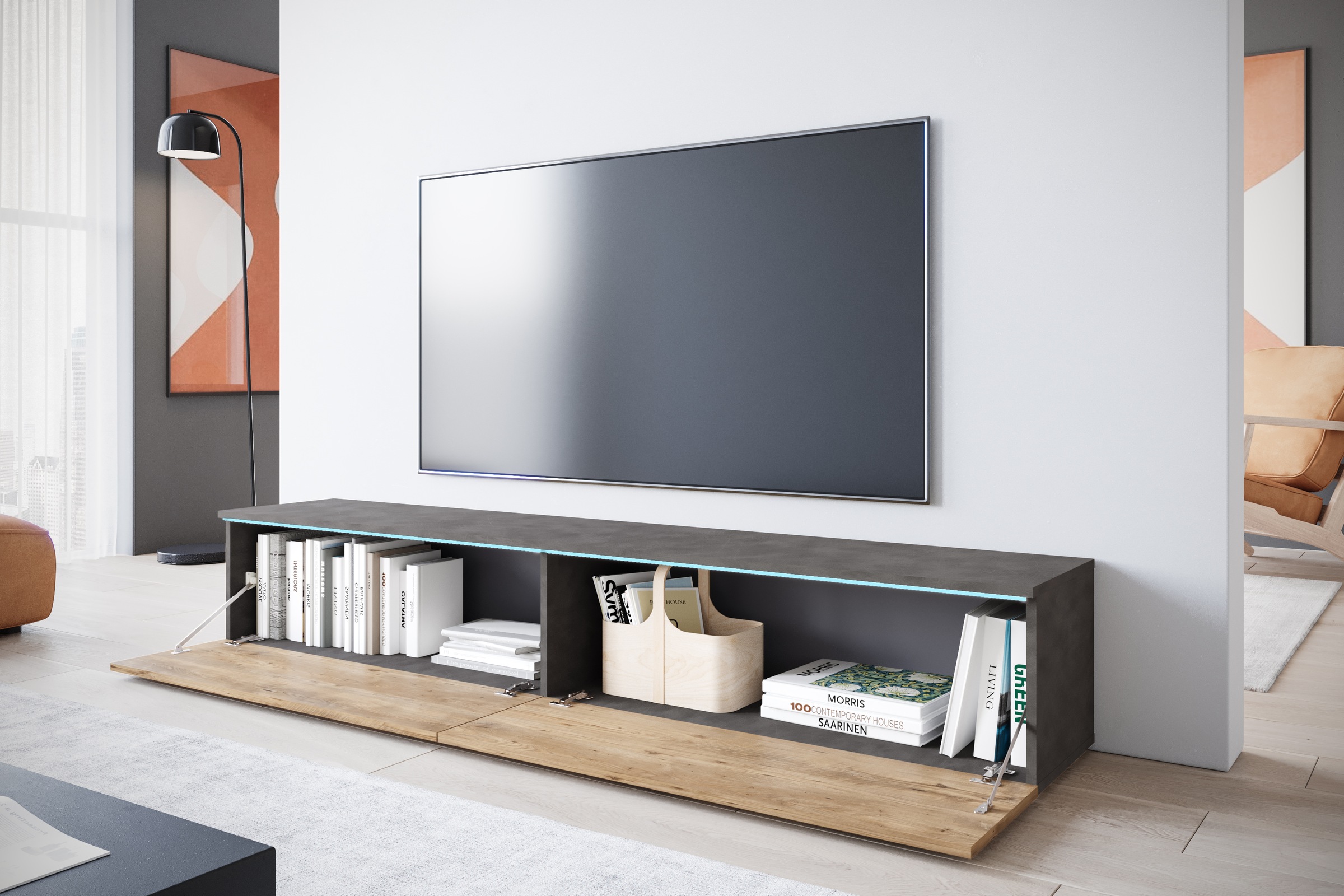 INOSIGN Lowboard »LOWBOARD VERA, wahlweise mit oder ohne Beleuchtung«, Modernes griffloses TV-Board, 180 cm TV-Schrank, stehend und hängend