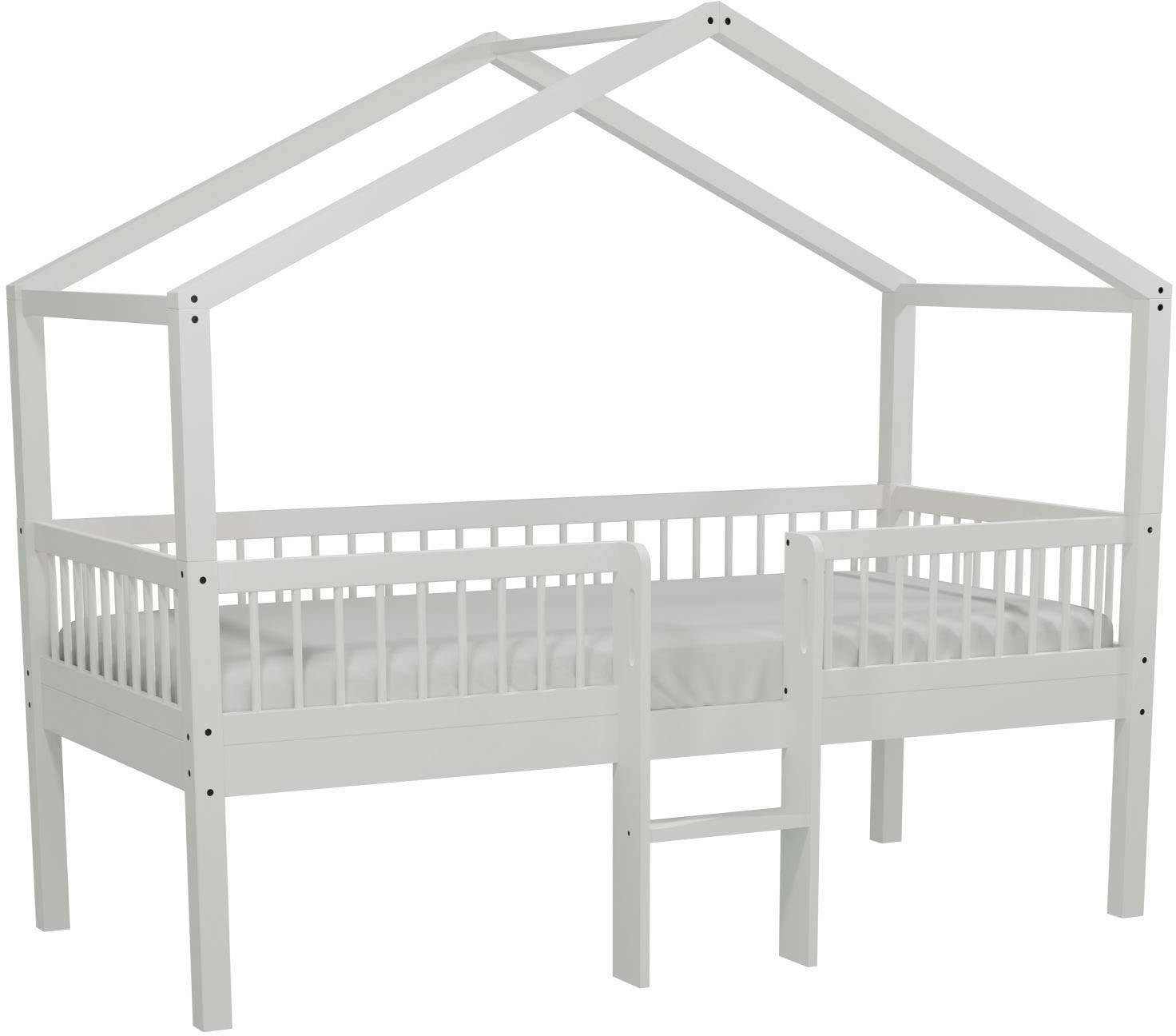 Vipack Hausbett »Forrest ist ein hochwertiges Massivholz Haus Bett "Made in Europe"« inkl. Rolllattenrost, Dachaufbau, Absturzschutz und Leiter,  wahlweise aus massiver Eiche geölt oder Buche massiv weiß lackiert