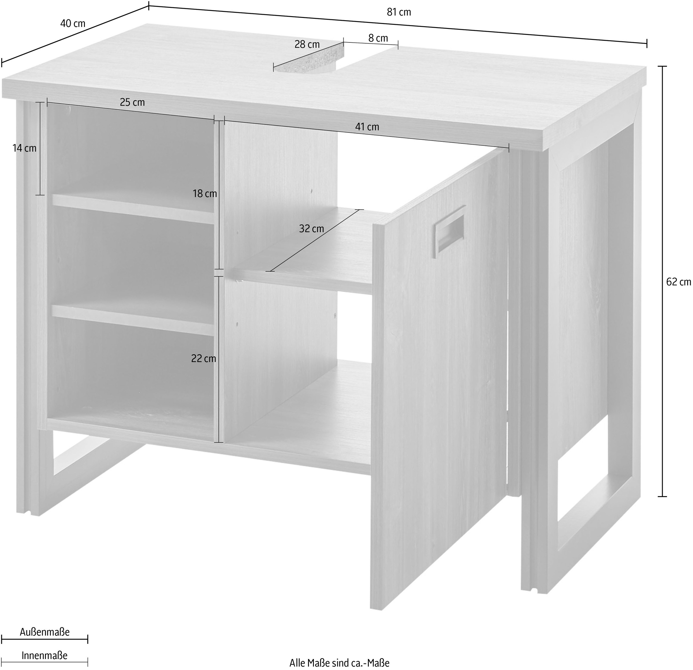 Home affaire Waschbeckenunterschrank »Detroit, Waschtisch mit Apothekergriff, Badschrank im Industrialdesign«, Eiche Dekor, mit offenen Fächern & Stauraum, Breite 81 cm