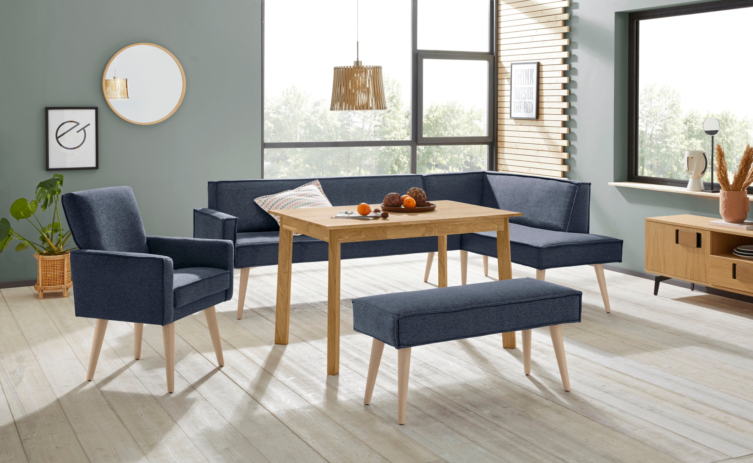 exxpo - sofa fashion Eckbank »Lungo, moderne Kedernaht, bequem und elegant, hoher Holzfuß«, hochwertige Detailverarbeitung, frei im Raum stellbar