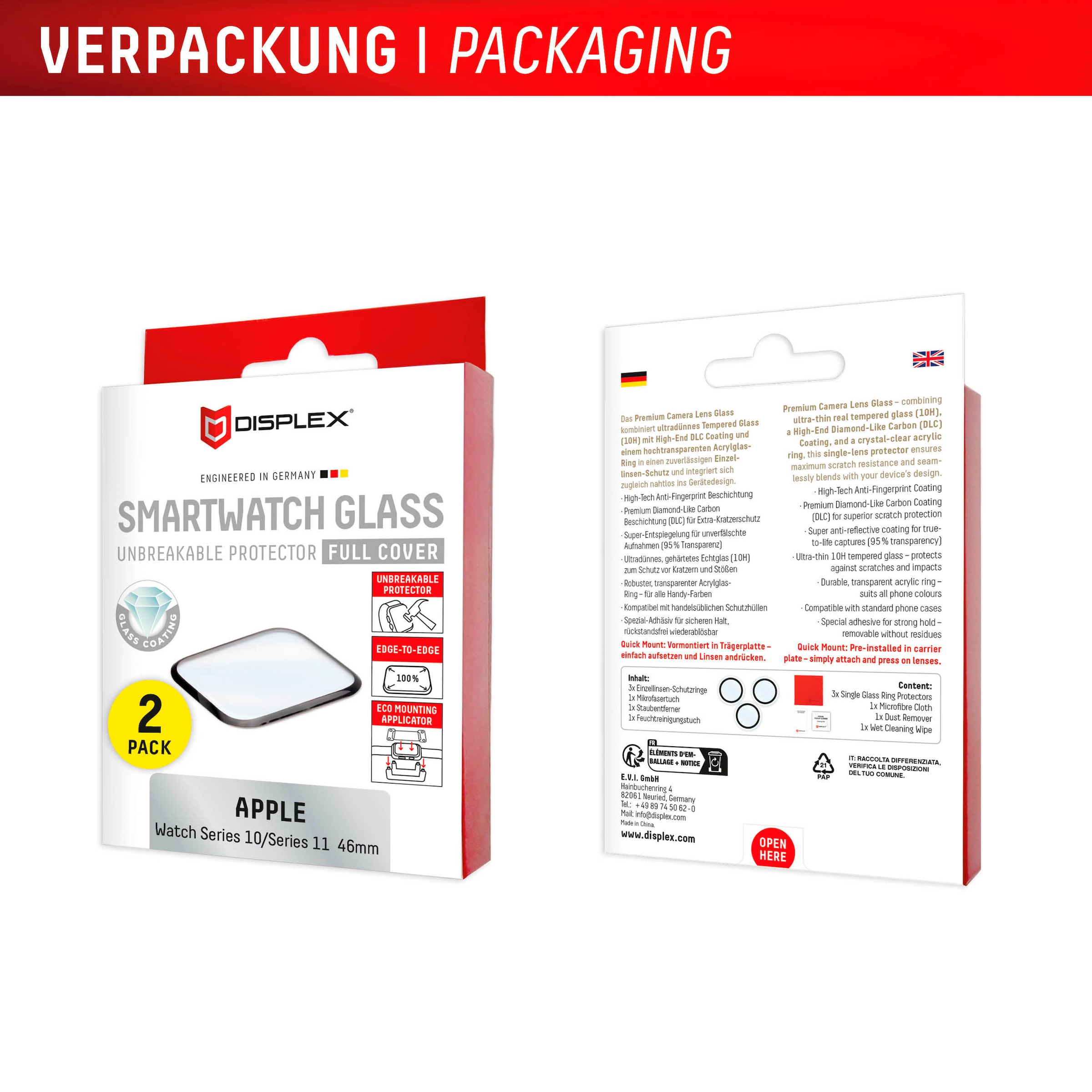 Displex Displayschutzglas »Smartwatch Glass Unbreakable Protector Full Cover« für Apple Watch Series 10 46 mm;Apple Watch Series 11 46 mm Packung, 2x Acrylglas Protector,  Displayschutzfolie, Schutzfolie, Bildschirmschutz, kratz- & stoßfest