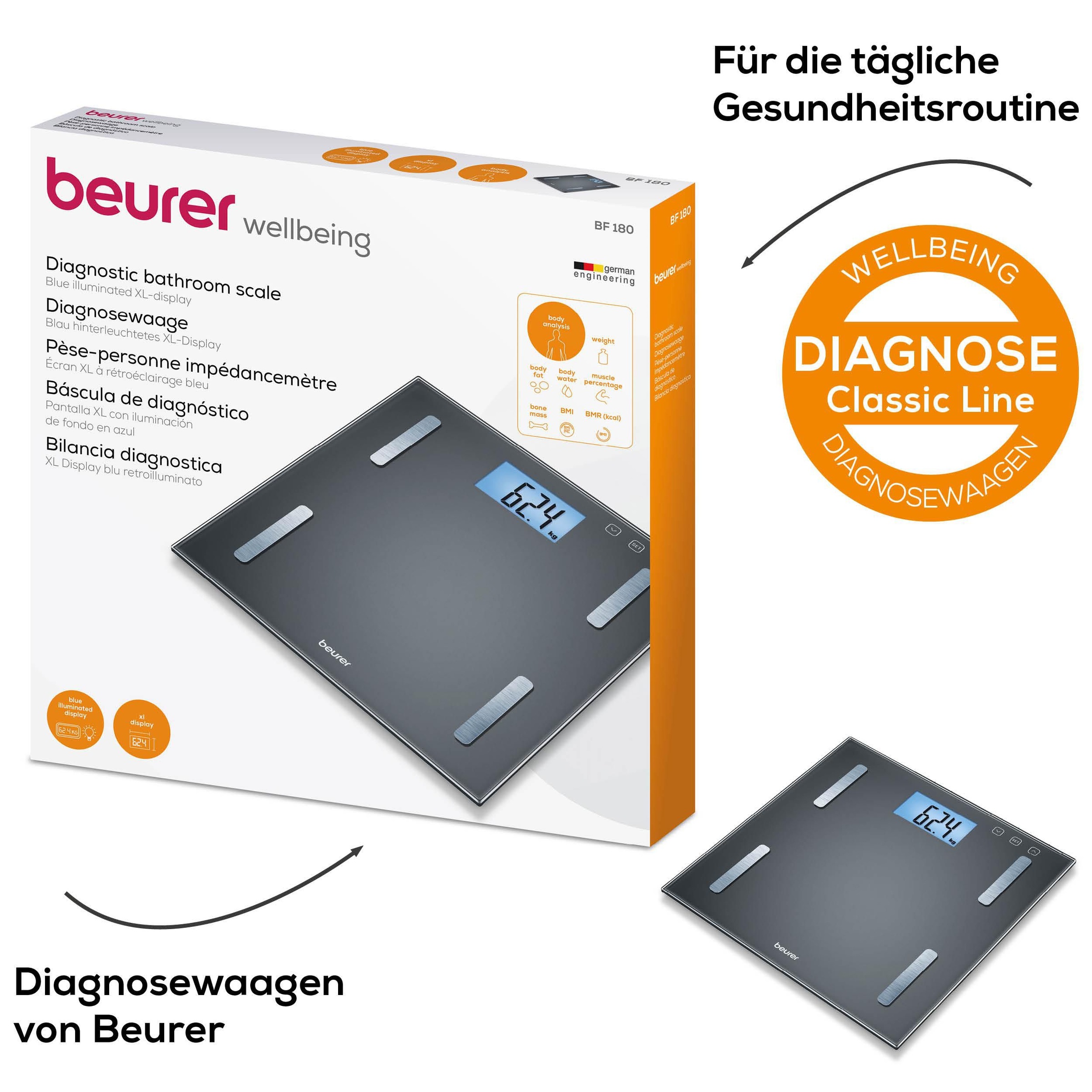 BEURER Körper-Analyse-Waage »BF 180 zur Ermittlung der Körperwerte« Tragkraft mit 180 kg, Elektroden aus gebürstetem Edelstahl