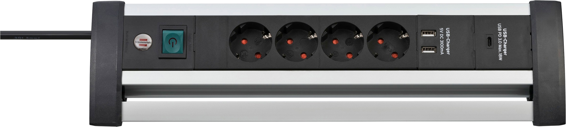 BRENNENSTUHL Steckdosenleiste »Alu-Office-Line« 4-fach (Ein- / Ausschalter Schalterbeleuchtung USB-Anschlüsse...