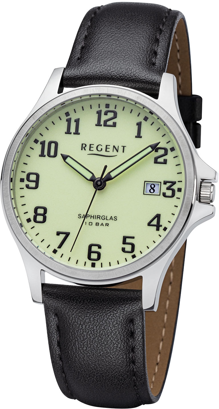 Regent Quarzuhr »F1257 - 1915.44.17«, Armbanduhr, Herrenuhr, Datum, Leuchtzeiger, Edelstahlboden verschraubt