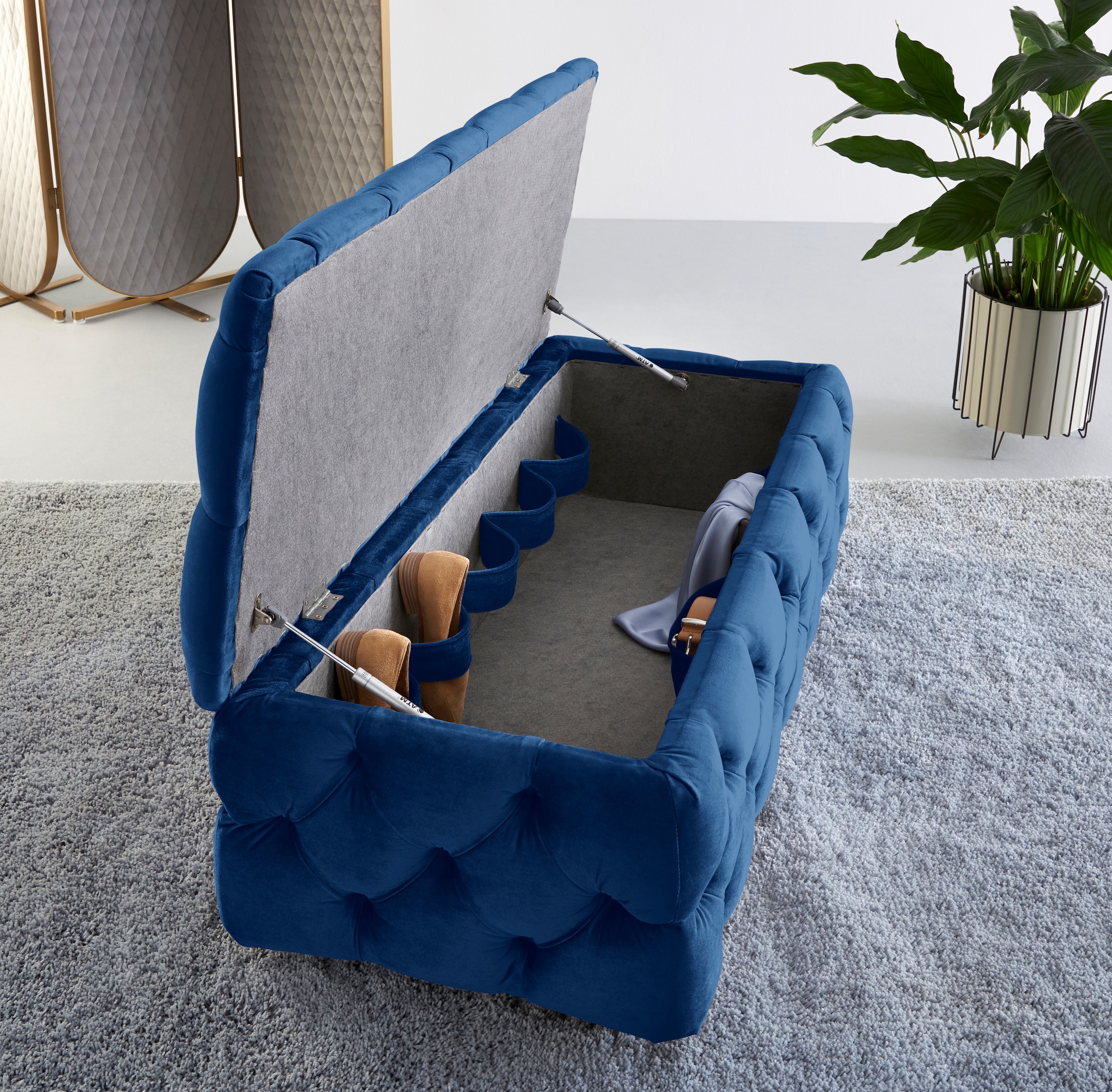 Guido Maria Kretschmer Home&Living Polsterhocker »KALINA, hochwertige Knopfheftung, B/T/H: 120/55/45 cm«, mit Staufach und innenliegenden Laschen zur besseren Aufbewahrung