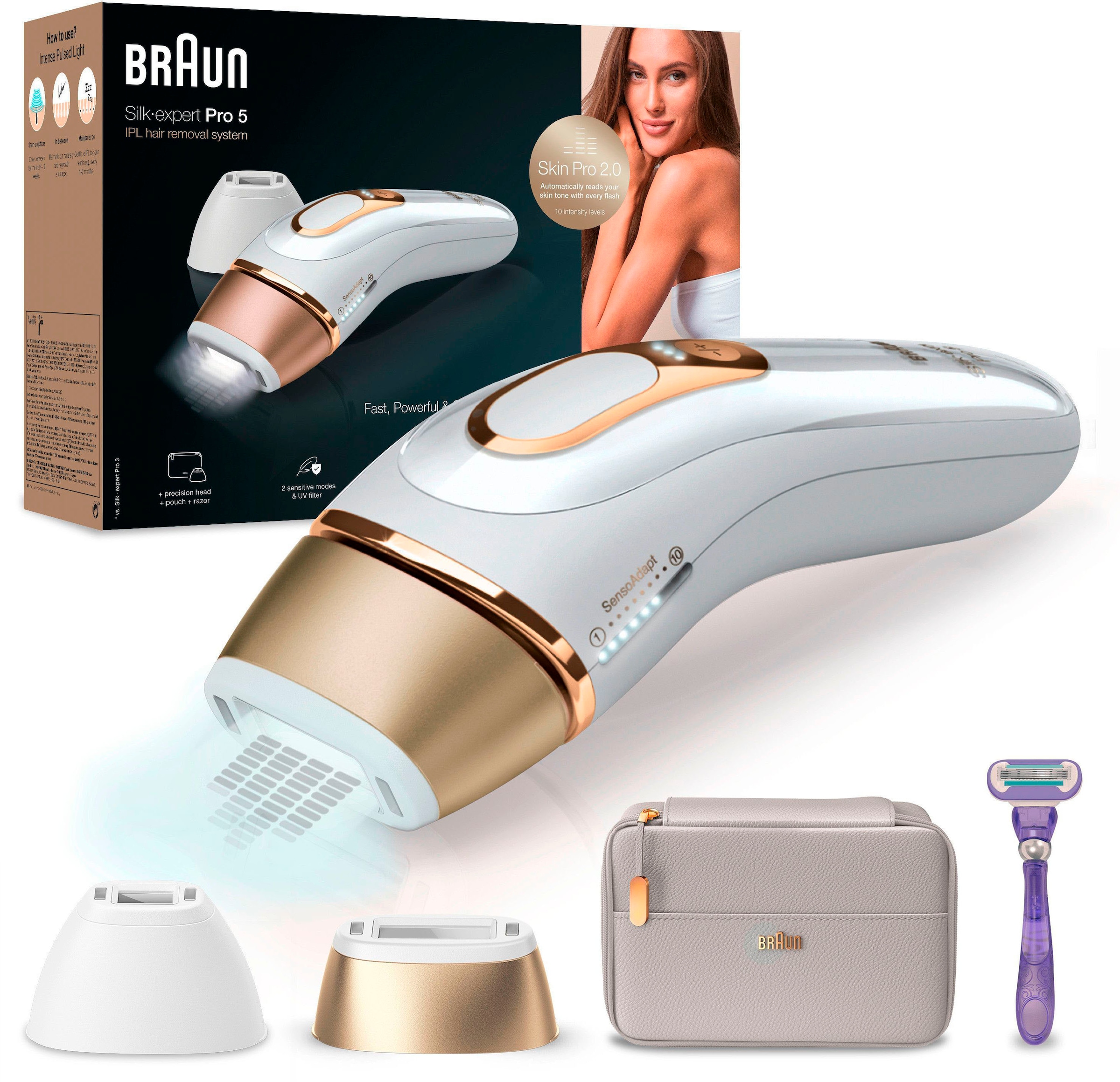 BRAUN IPL-Haarentferner »Silk-Expert Pro 5 PL5157 IPL« 400.000 Lichtimpulse Skin Pro 2.0 Sensor weiß/gold IPL für Behandlungen von Kopf bis Fuß:...