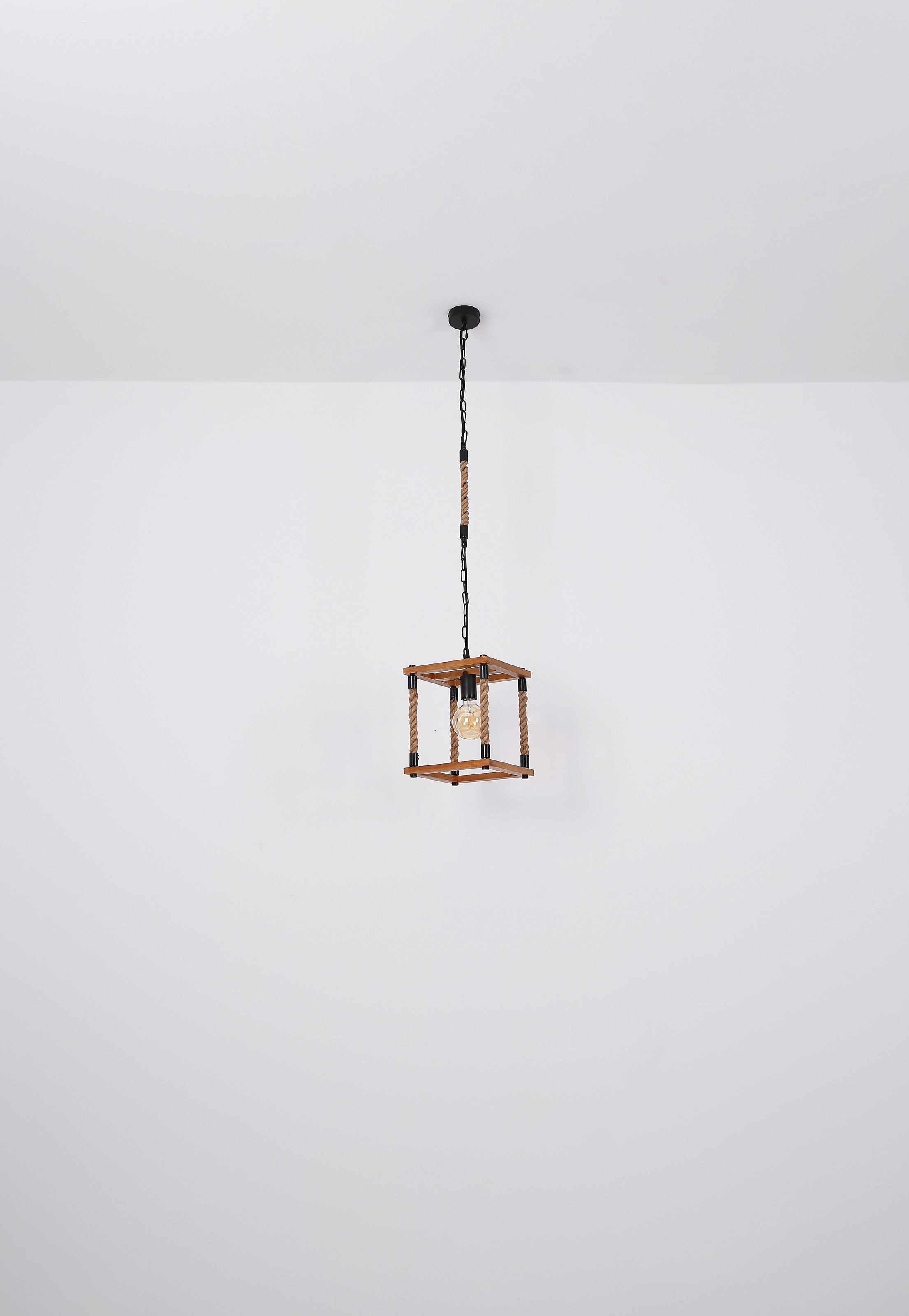 GLOBO LIGHTING Hängeleuchte »VERNON« E27 1 Stk. Schwarze Hängeleuchte mit Holz naturfarben, Hanf braun, E27