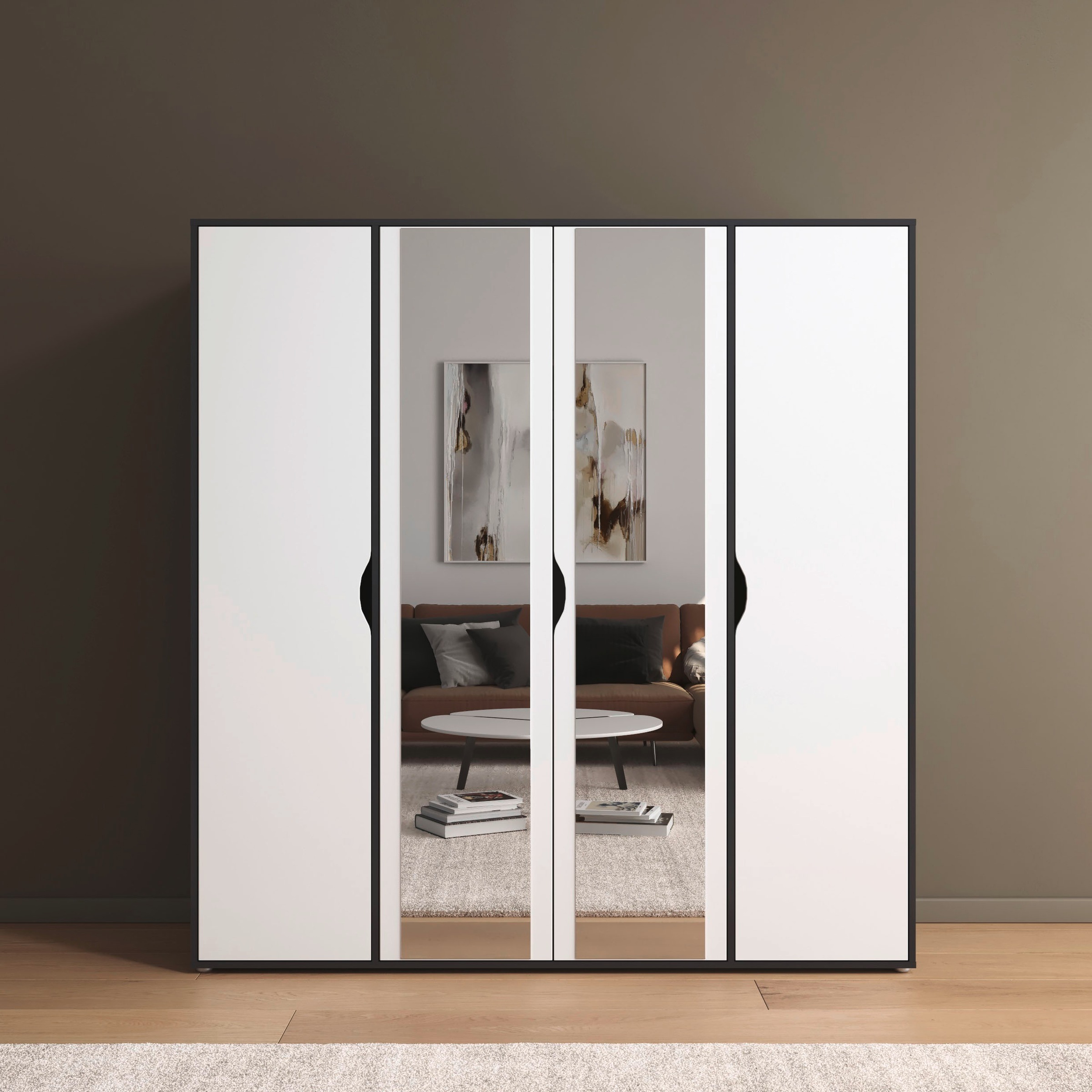 rauch Drehtürenschrank »Kleiderschrank Schrank Garderobe Wäscheschrank NARAI mit Spiegel«, (in 3 verschiedenen Ausstattungen BASIC/CLASSIC/PREMIUM), Griffausfräsungen für eine grifflose Optik TOPSELLER MADE IN GERMANY