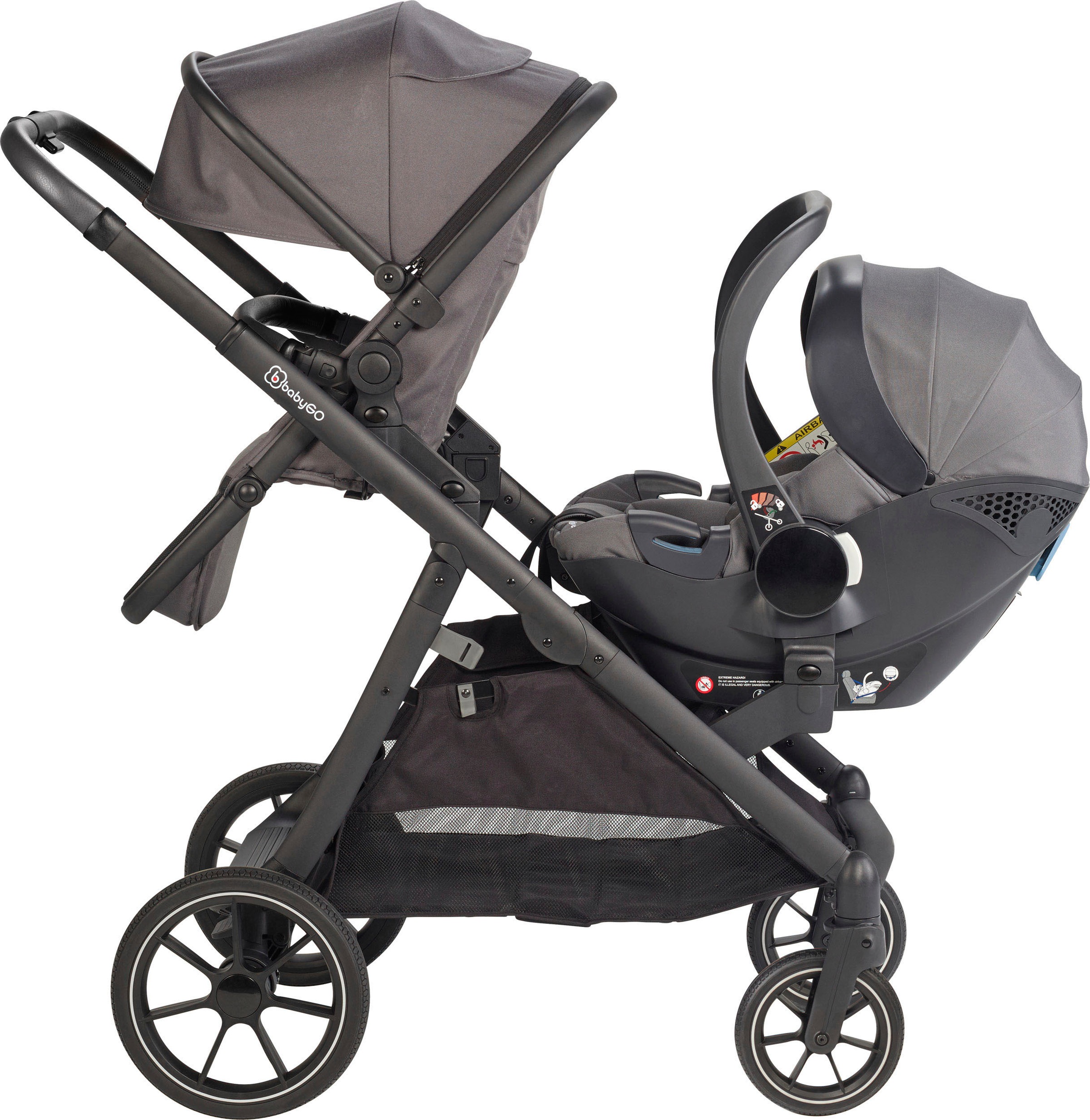 BabyGo Zwillings-Kombikinderwagen »Duo Ultra Set, grau«, inkl. 2 Babyschalen, 2 Isofix Base, Wickeltasche u. 2 Regenhauben