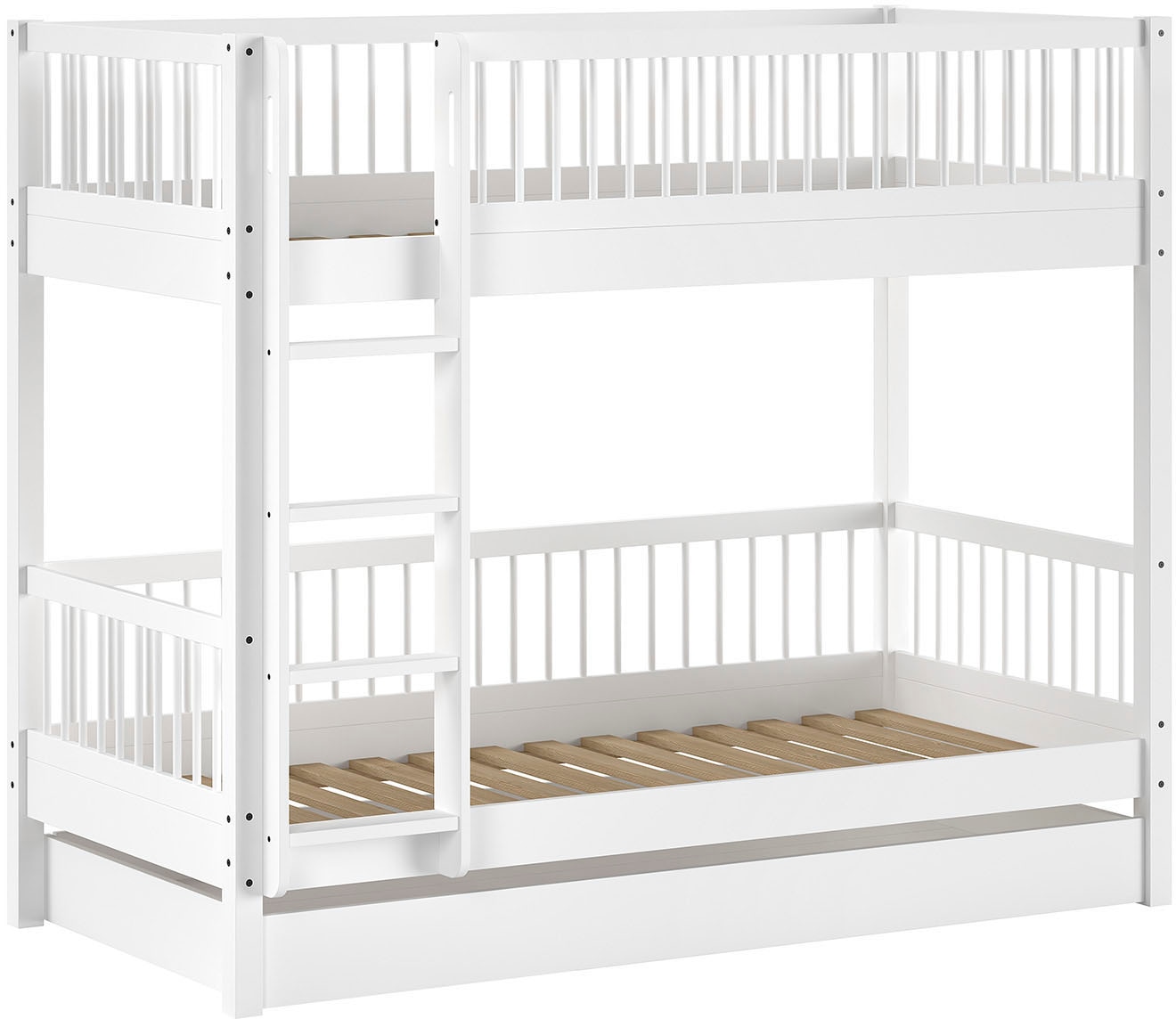 Home affaire Etagenbett »Buche massiv weiß, Made in Europe, langlebige Qualität«, (B/H/T ca. 208x176x98cm, inkl. Leiter, Absturzschutz oben umlaufend), 2 Lattenroste, wahlweise mit oder ohne Bettschublade
