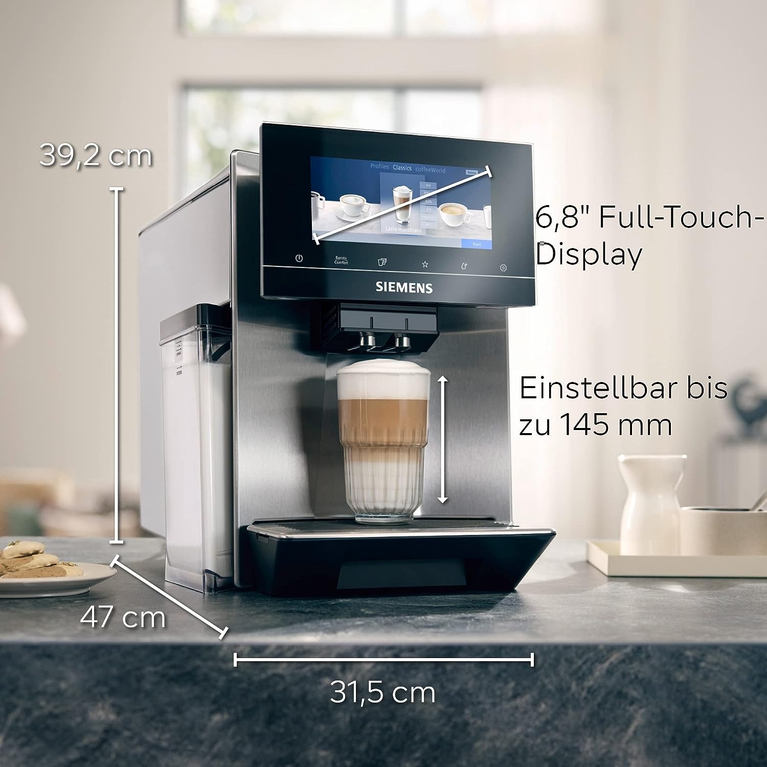 SIEMENS Kaffeevollautomat »EQ900 TQ907D03, intuitives 6,8" TFT-Display, 2 Bohnenbehälter« Barista-Modus, App, Geräuschreduzierung, 10 Profile, edelstahl