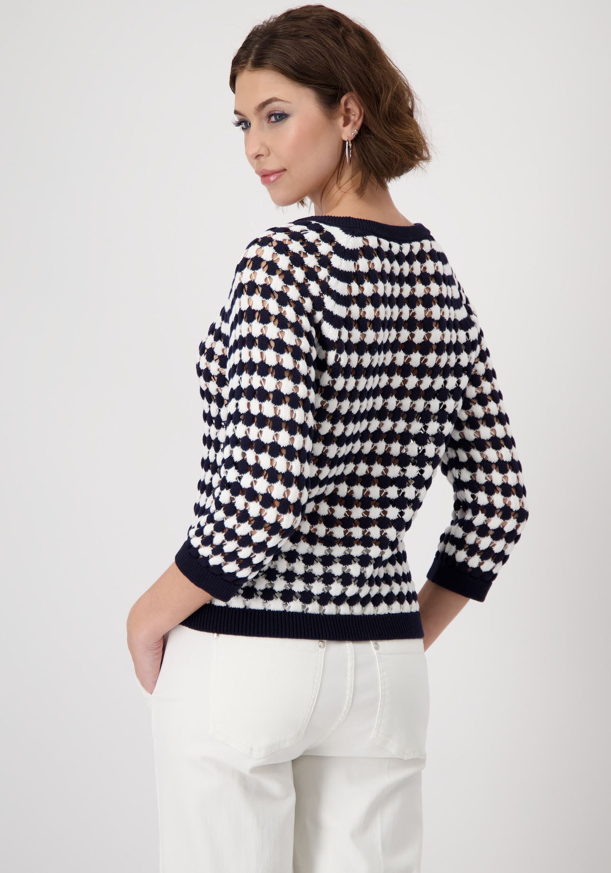 Monari Rundhalspullover »Pullover Ringel Ajour«, aus zweifarbigen Strukturstrick