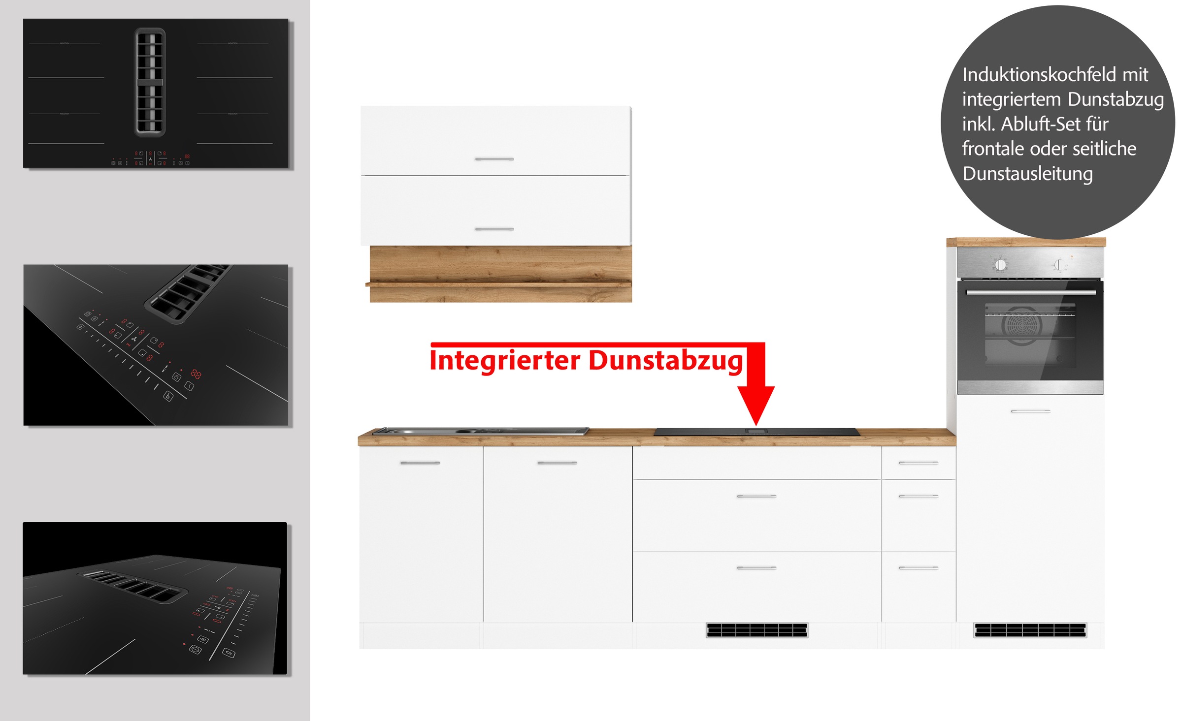 KOCHSTATION Küchenzeile »KS-Milan, optional mit Muldenlüfter«, Breite 300 cm, wahlweise mit E-Geräten, Kochfeld mit Dunstabzug