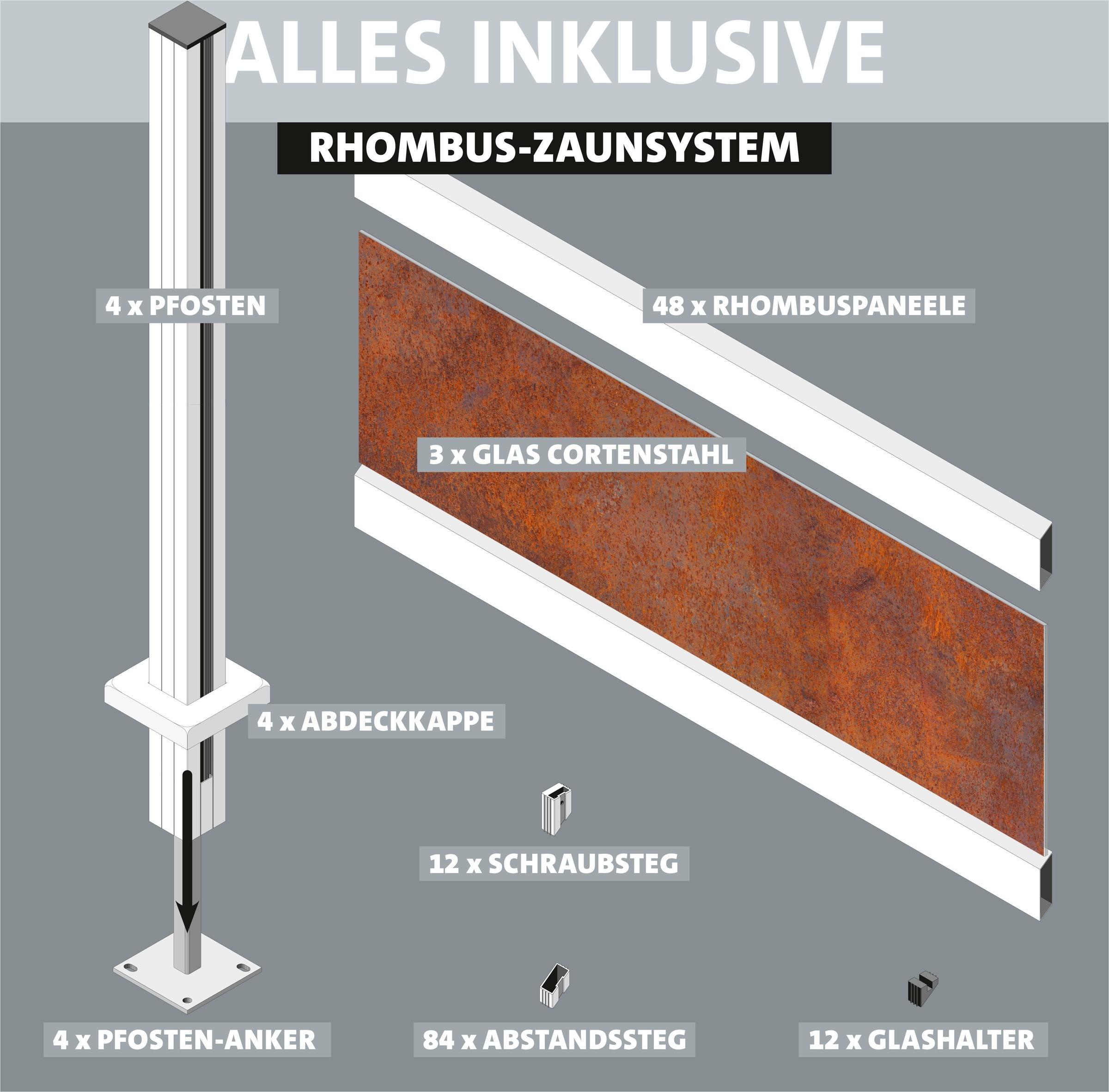 STAKET PRO Gartenzaun »Komplettzaun »Rhombus Mini« Breite 1200 mm + Cortenstahl«, Zaunhöhe 180 cm, Zaunlänge 2,484 - 3,726 m