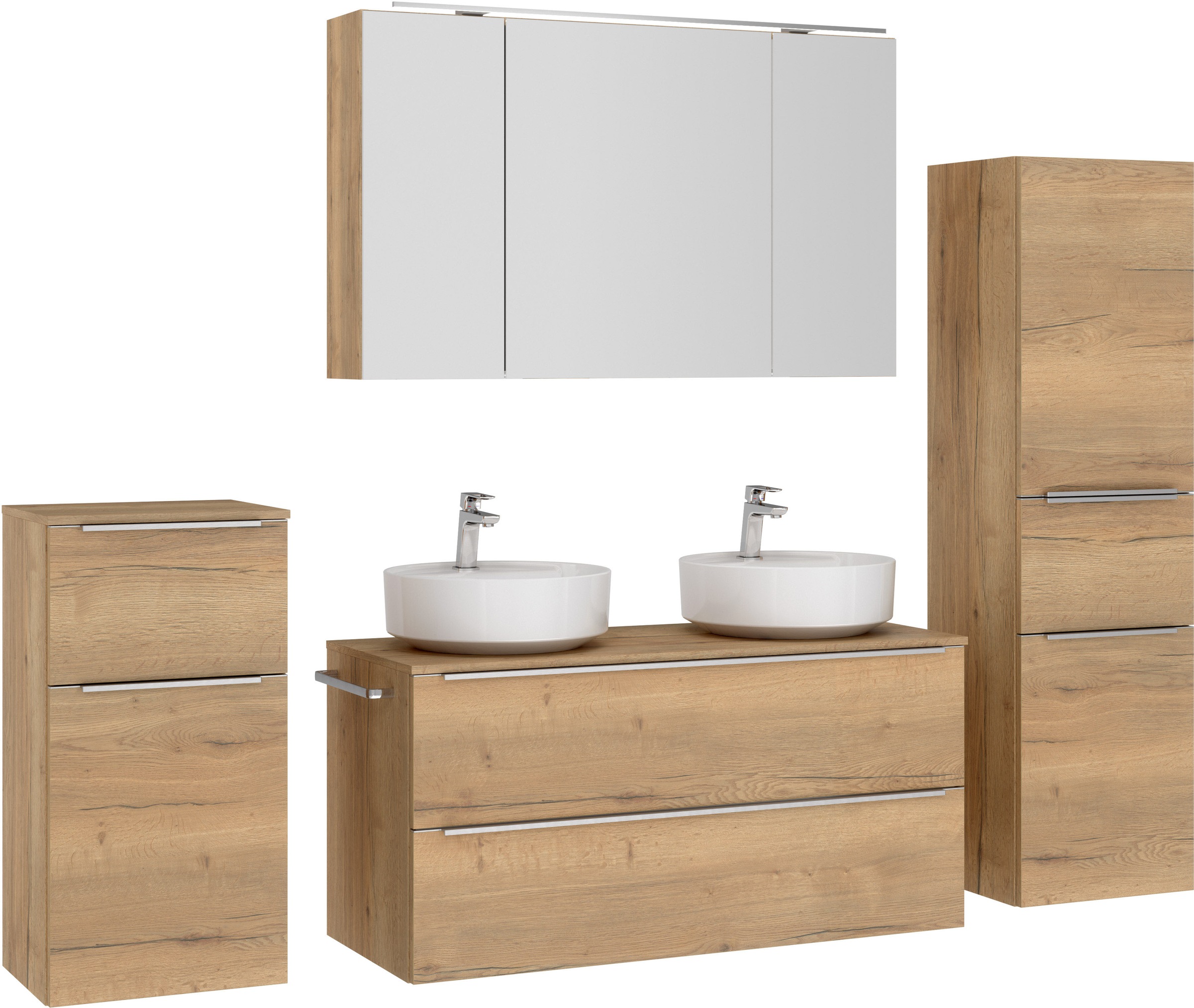 nobilia® Badmöbel-Set »Alvene«, (4 St., vormontiert, mit Soft-Close), inkl. Spiegelschrank mit Beleuchtung und Dimmerfunktion, in 4 Breiten