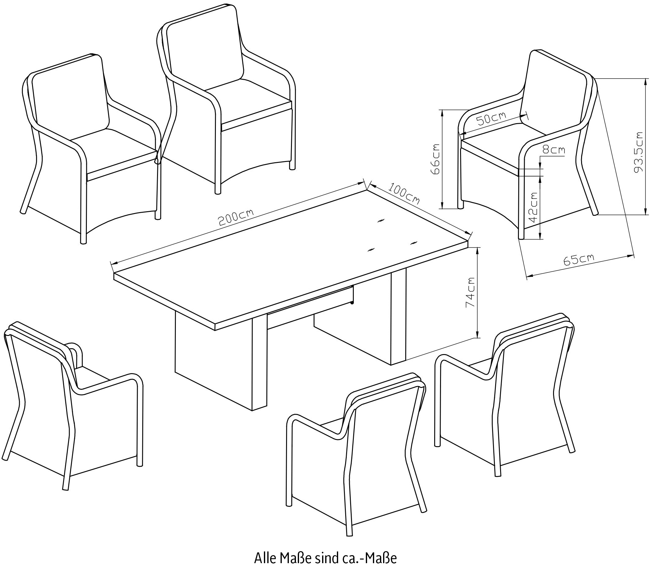 KONIFERA Garten-Essgruppe »»Menorca«« Set, 6x Sessel, 1x Tisch 200x100x75 cm, inkl. Auflagen, Alu, Polyrattan, 19 Stk. tlg. Polyrattan, Aluminium, Tischplatte aus 5mm starkem Sicherheitsglas