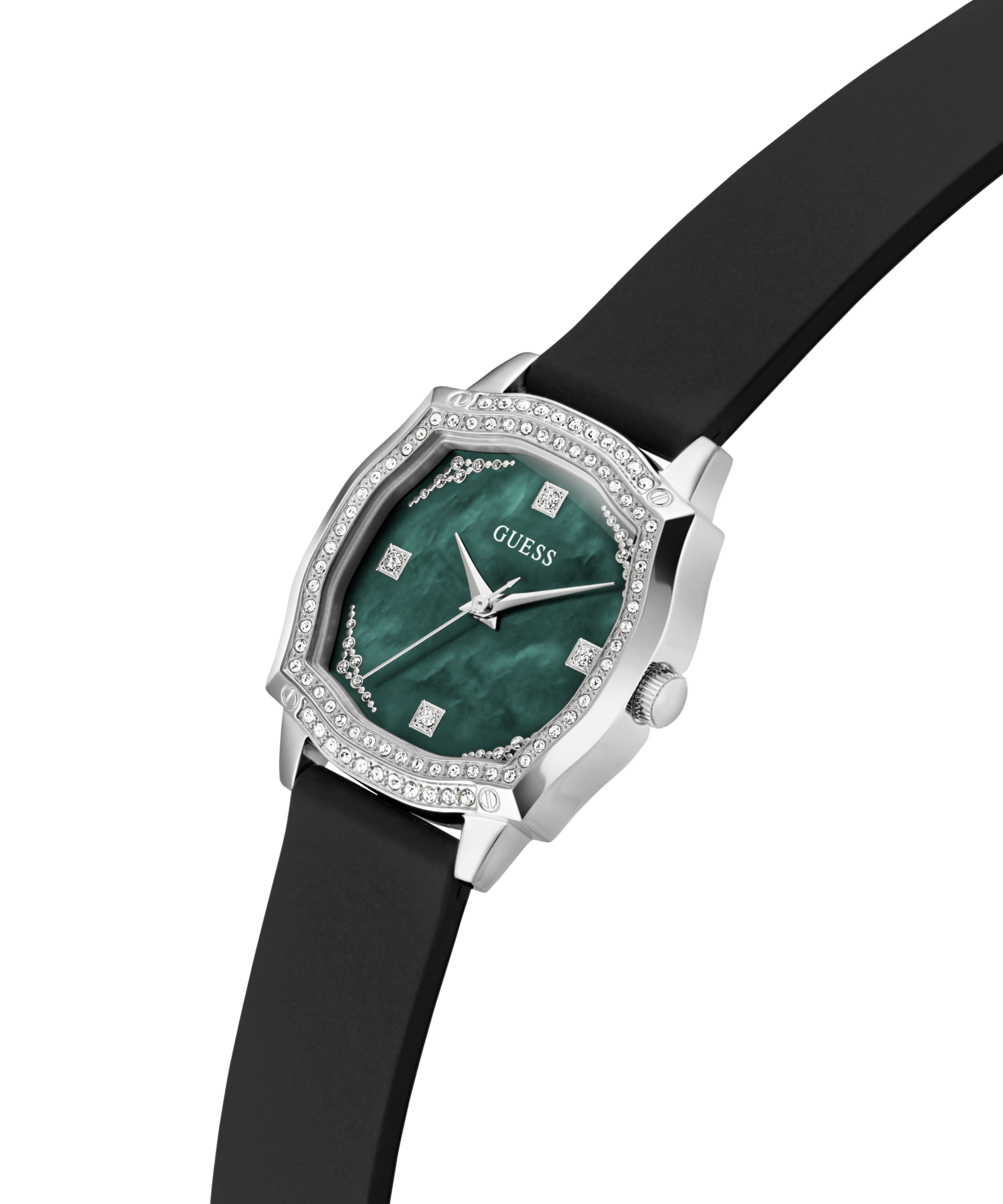Guess Quarzuhr »LIV«, Armbanduhr, Damenuhr, Silikonarmband, Kristallsteine