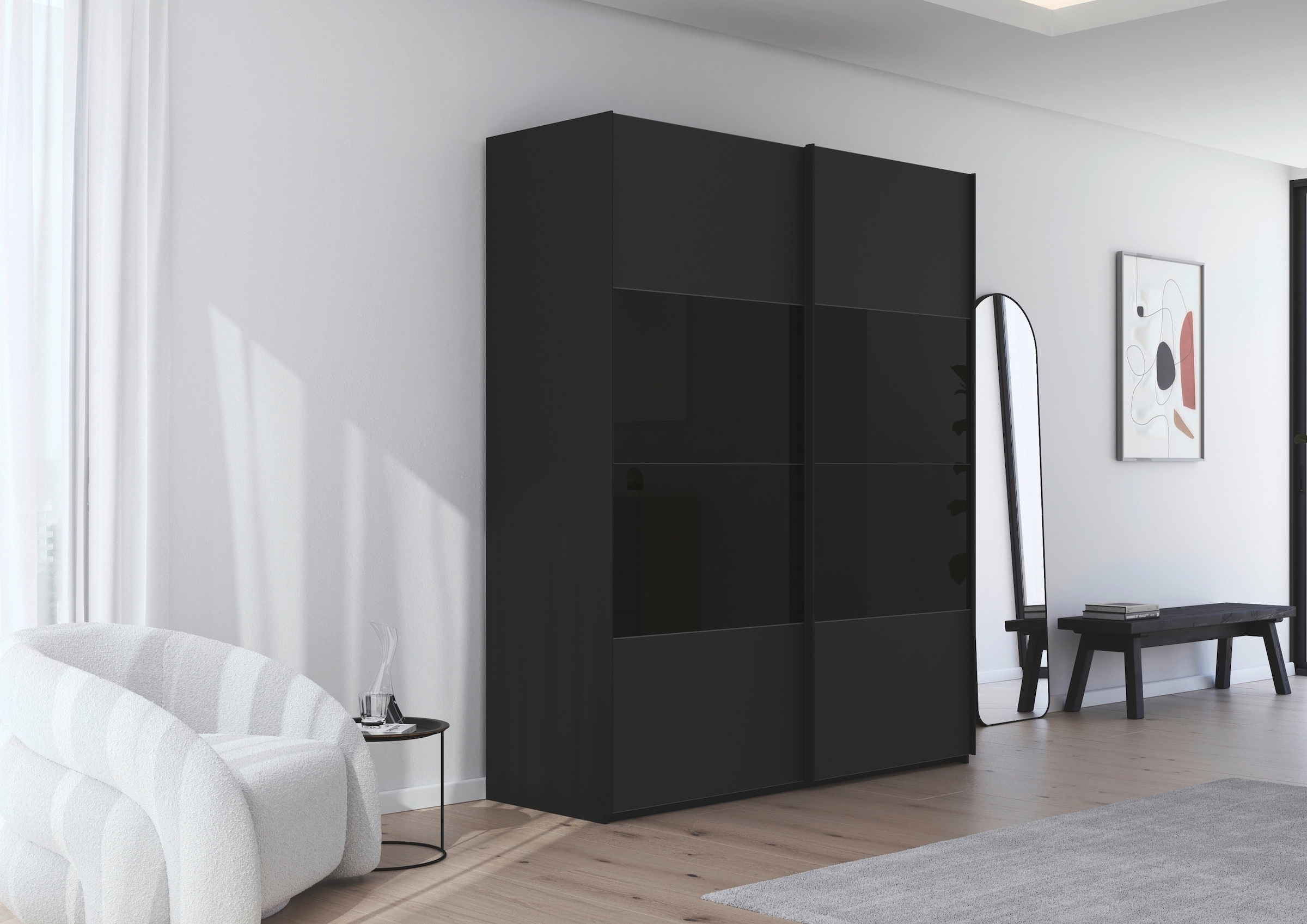 rauch Schwebetürenschrank »Kleiderschrank Schrank Garderobe Schlafzimmerschrank SCALE-FYRA«, edle Türen viergeteilt Glas matt/glänzend viele Farben MADE IN GERMANY