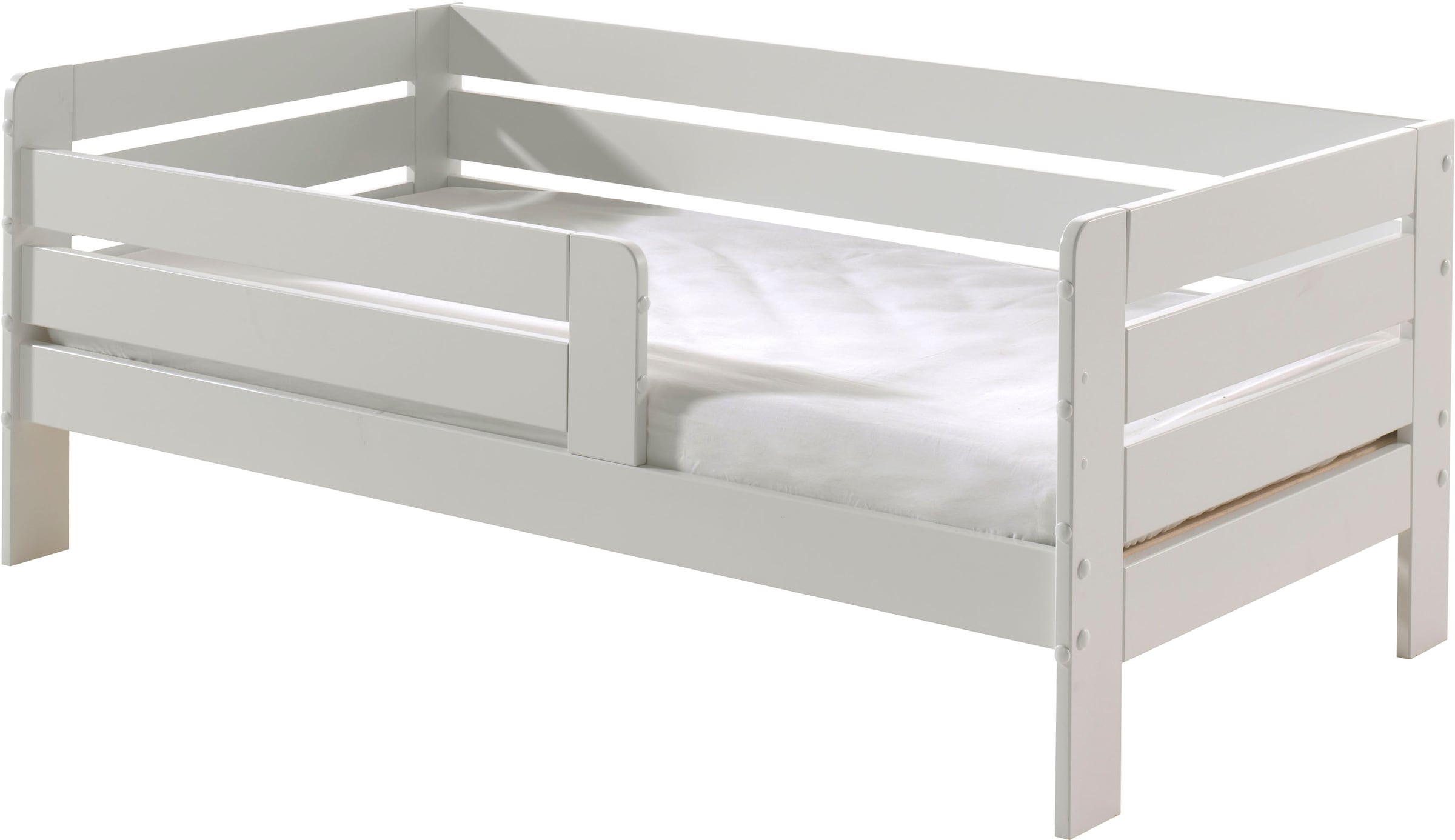 Vipack Kinderbett »Junior, Kiefer massiv lackiert, niedriger Einstieg rechts oder links«, (B/H/T ca. 148x60x76cm, wahlweise mit Schublade, in 2 Farben erhältlich), inklusive Rolllattenrost und umlaufendem Absturzschutz