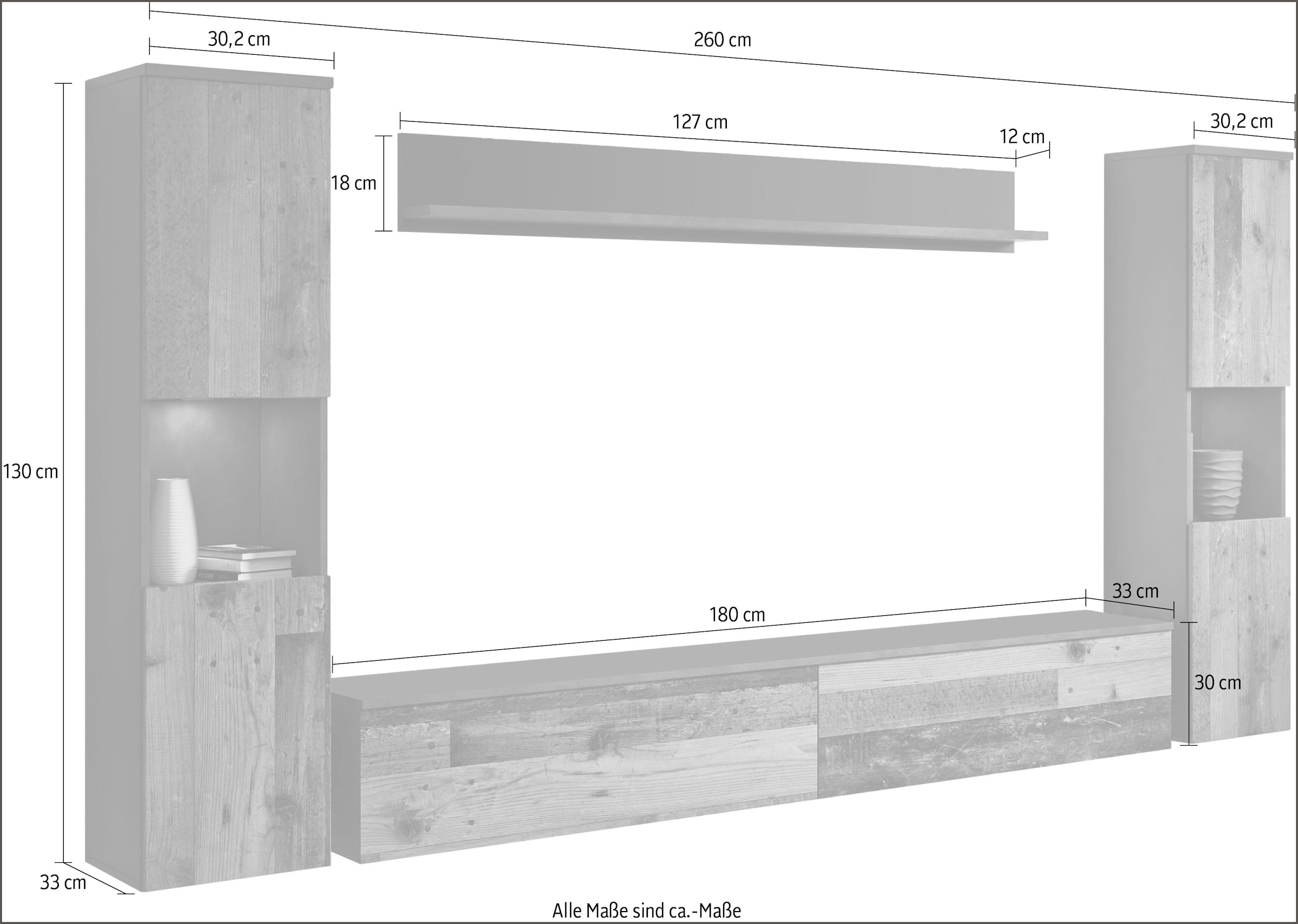 INOSIGN Wohnwand »PARIS, Vitrine Türanschlag links/rechts wechselbar«, (Komplett-Set, 4 St.), grifflose Design, stehend und hängend montierbar