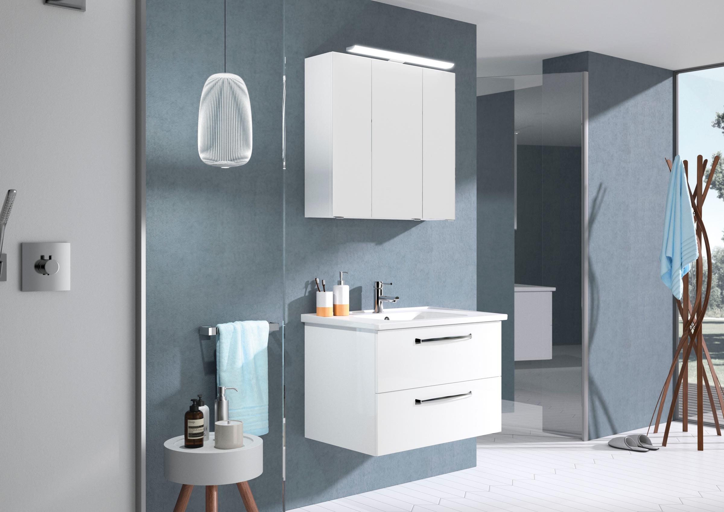 Saphir Badmöbel-Set »Trentino 2-teilig Keramik-Waschtisch, Spiegelschrank mit LED-Leuchte« 3 Stk. tlg.