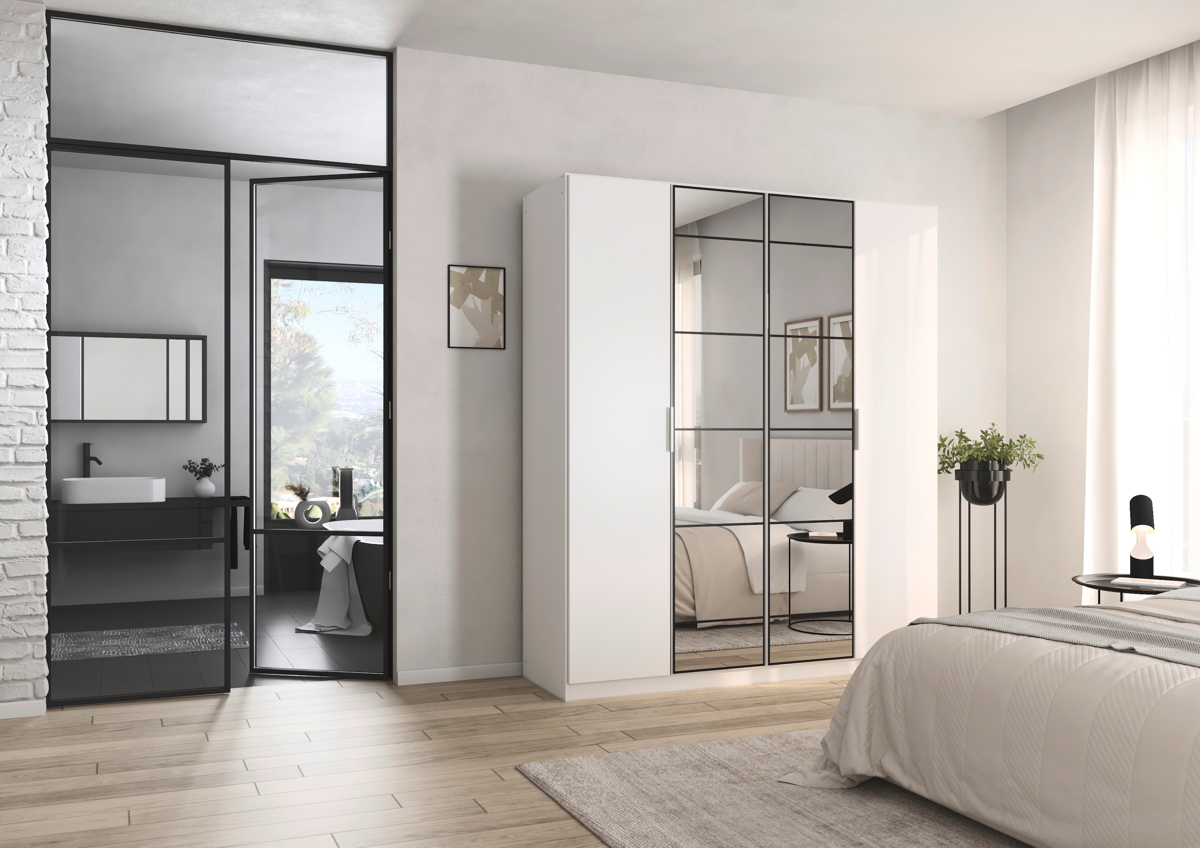 rauch Drehtürenschrank »Kleiderschrank Schrank Garderobe Schlafzimmerschrank ACERO« Breiten 181/226/271 cm, Höhe 210 cm,  Mitteltüren mit Spiegel in moderner Loft-Optik MADE IN GERMANY