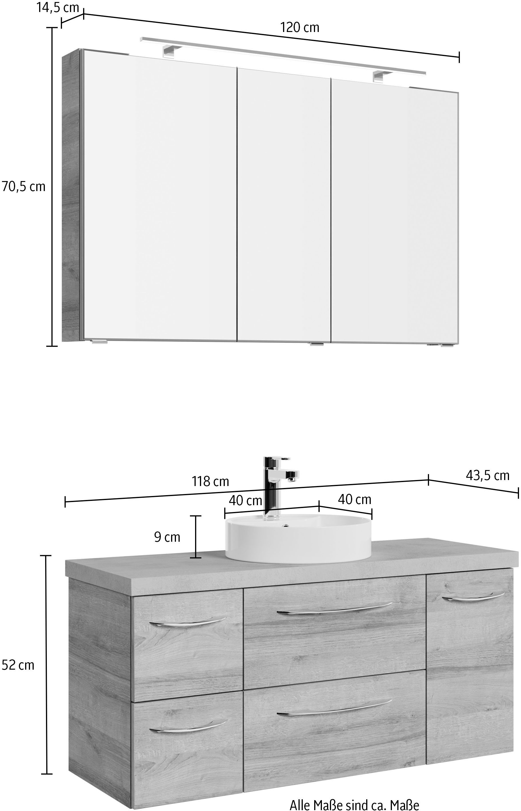 Saphir Badmöbel-Set »Serie 4035 2-teilig, Keramik-Aufsatzbecken mit LED-Spiegelschrank«, (Set), Waschplatz inkl. Türdämpfer, 120 cm breit, 4 Schubladen, 4 Türen