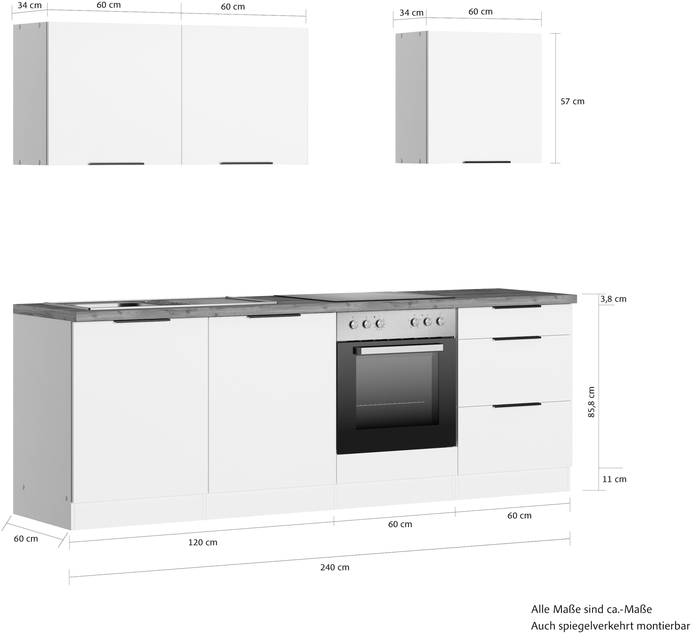 KOCHSTATION Küchenzeile »KS-Lagos2, Breite 240 cm« wahlweise mit E-Geräten, mit 38mm starker Arbeitsplatte