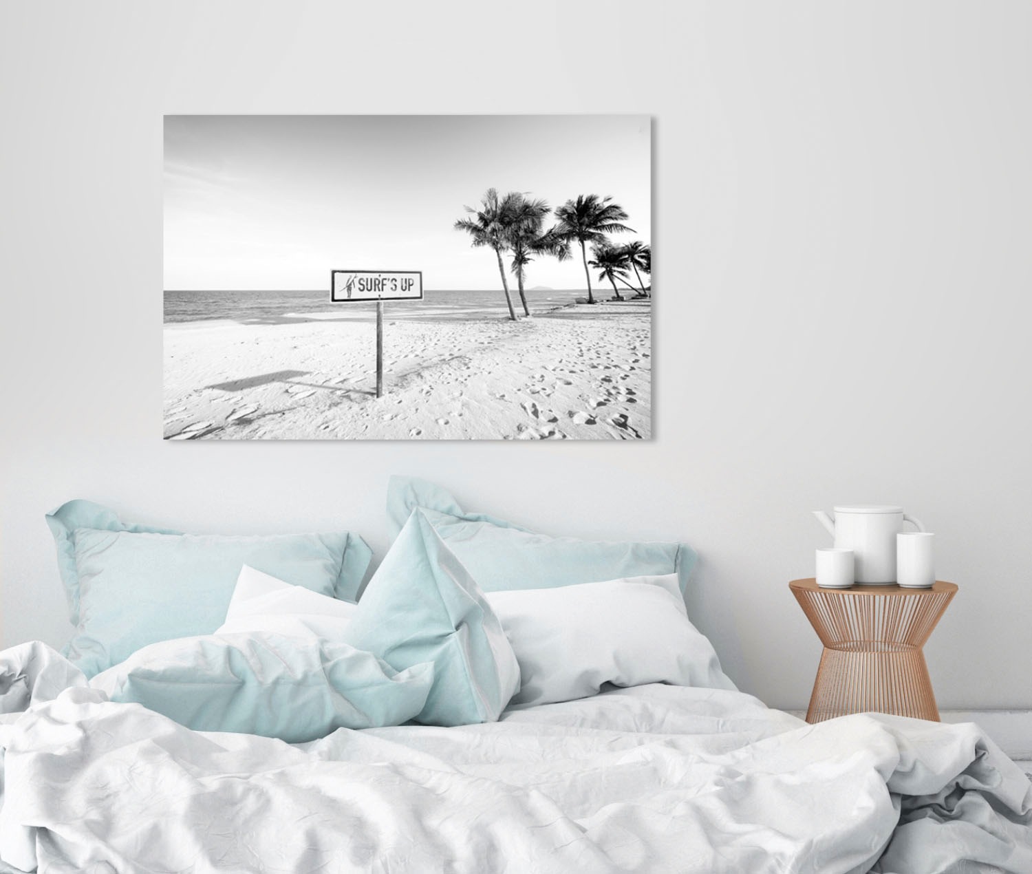 queence Acrylglasbild »Surf's up Strand«, Strand-Strandbilder-Meer-Meer Bilder-Palmen-Schwarz-Weiß, Fine Art-Print in Galeriequalität