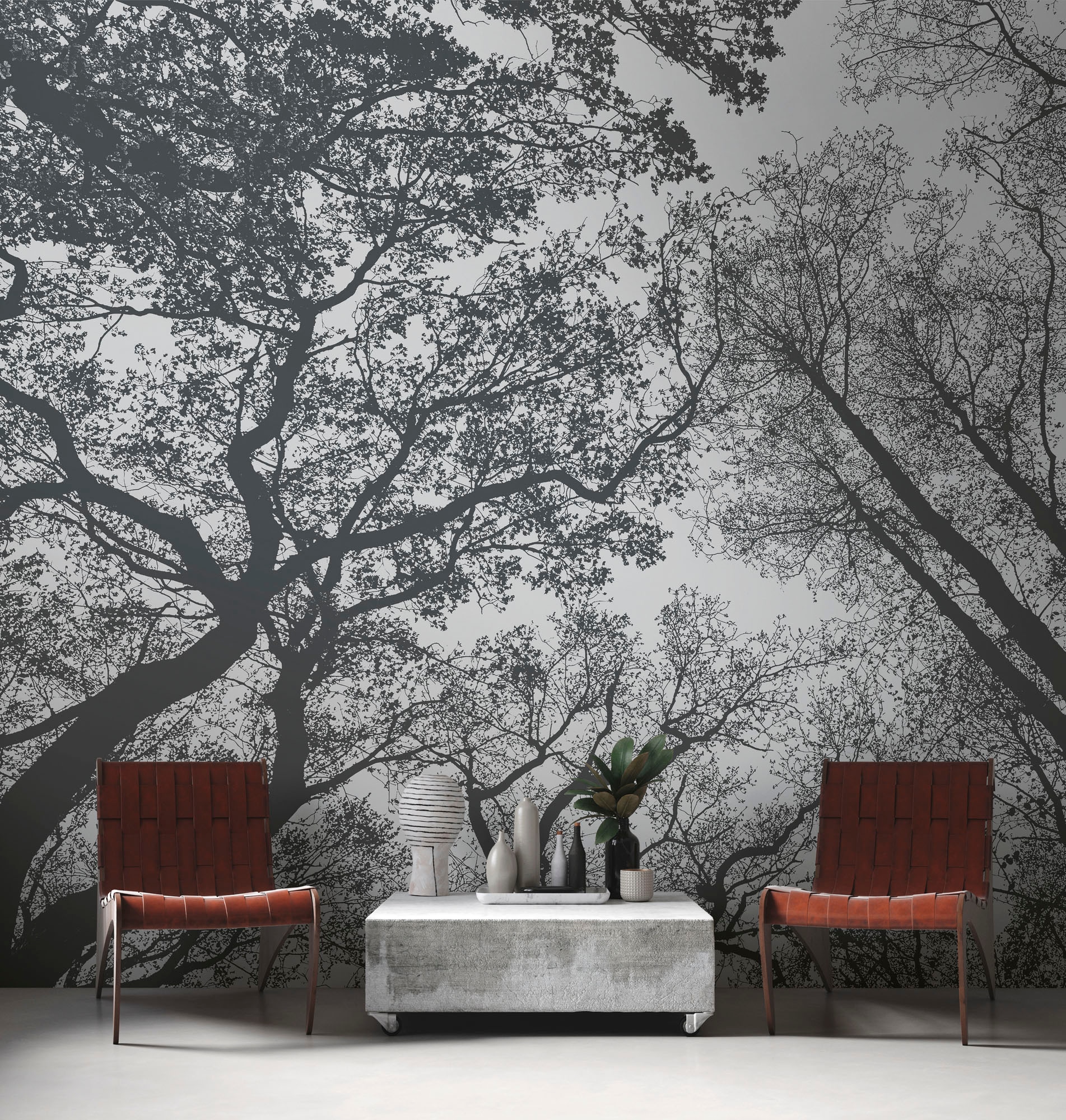 living walls Fototapete »The Wall«, Wald-natürlich-floral, Fototapete Bäume Tapete Wald Tapeten Wohnzimmer modern Design Optik